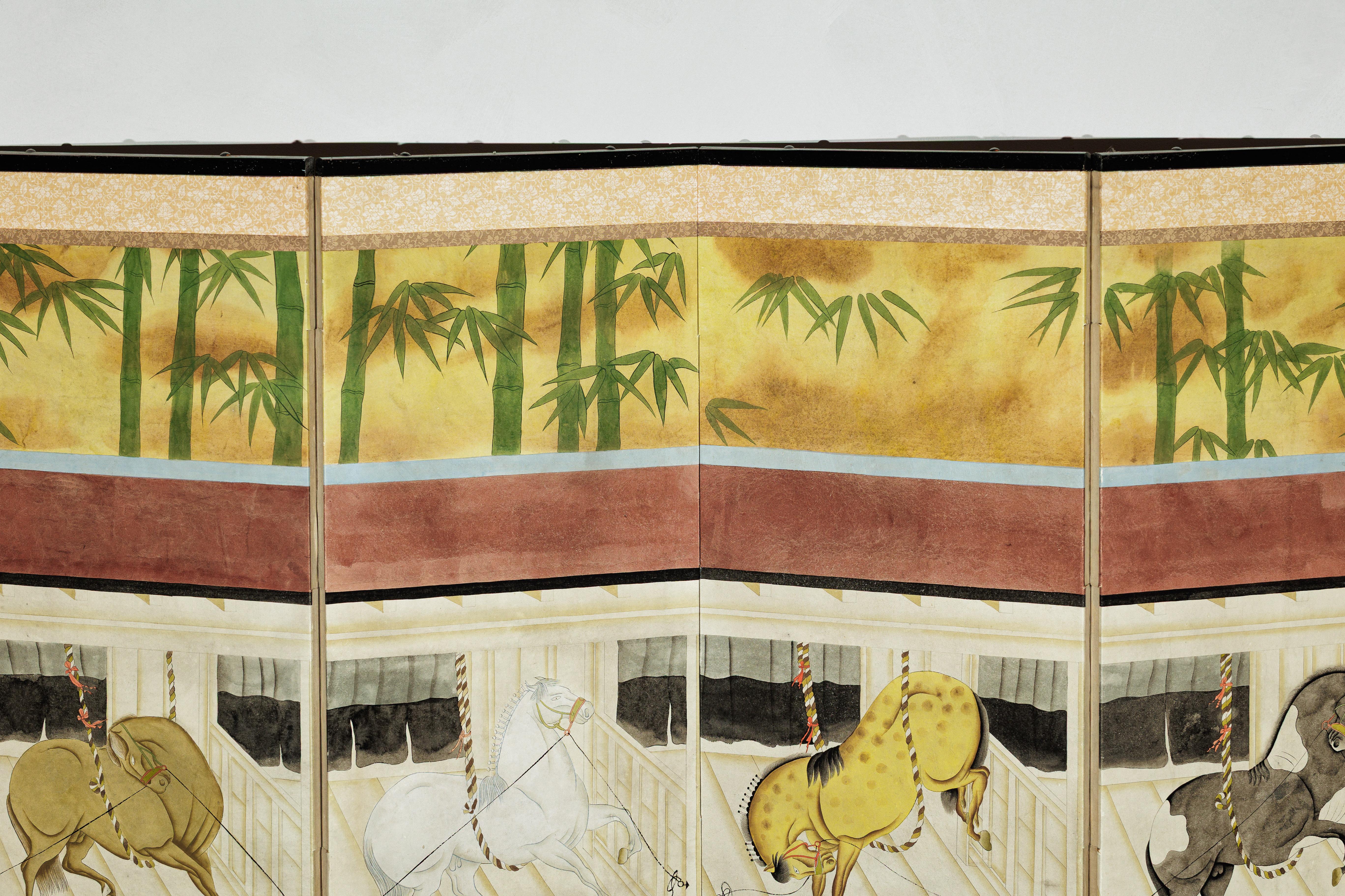 Six-Panel Japanese Inspired Screen with Horses in Stable with Bamboo Backdrop For Sale 2