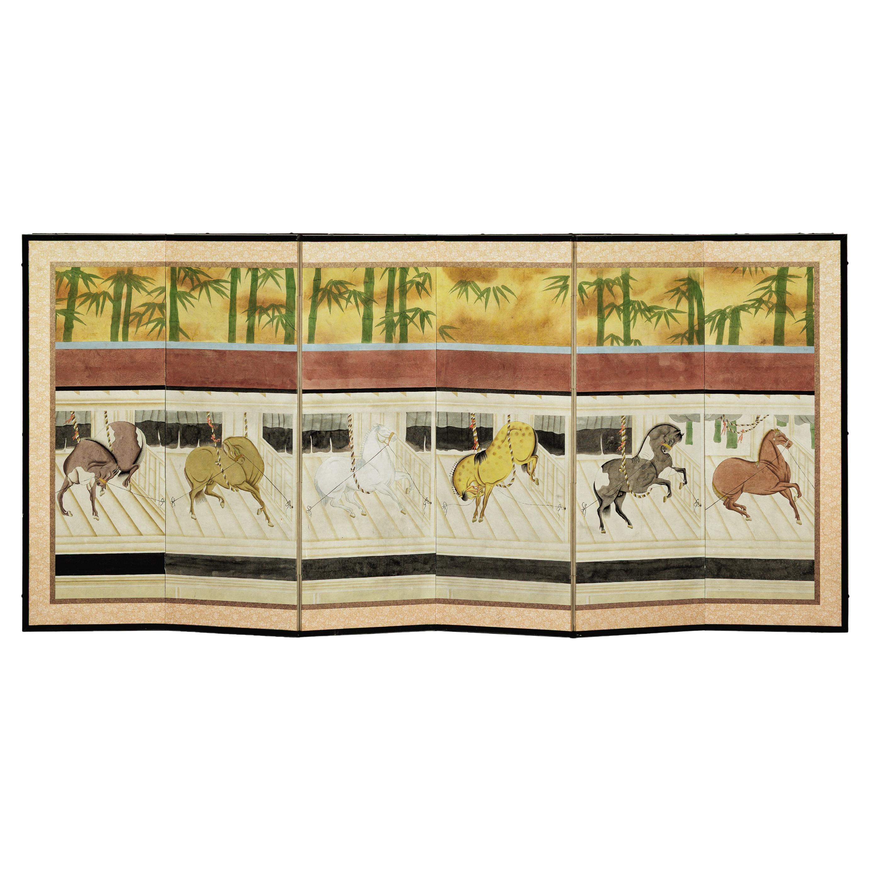 Six-Panel Japanese Inspired Screen with Horses in Stable with Bamboo Backdrop For Sale