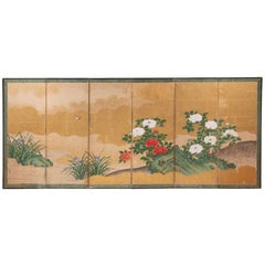 Six Panel Japanese Peony and Sparrow Scene Screen