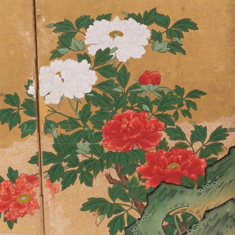 Six Panel Japanese Peony and Sparrow Scene Screen In Good Condition For Sale In Locust Valley, NY