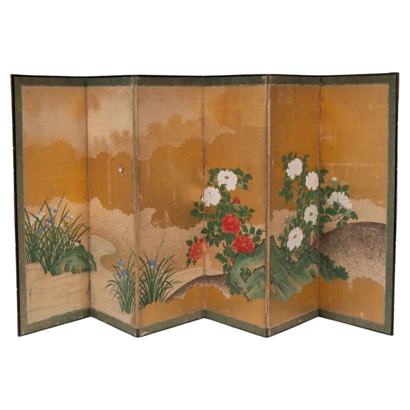 Six Panel Japanese Peony and Sparrow Scene Screen