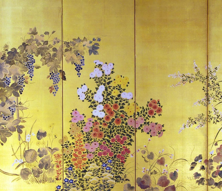 Six-panel Japanese screen from the Rinpa school of medium size, painted with pigments on golden silk, from the mid Showa period.
Portrays a fantastic Japanese garden full of flowers with many flowers of the spring season including colorful