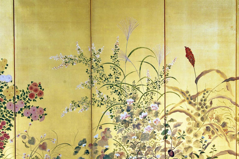 Showa Six-Panel Japanese Screen on Golden Silk