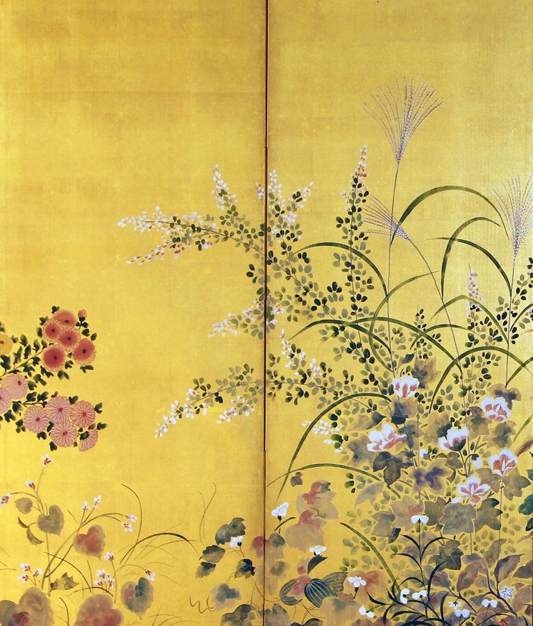 Hand-Painted Six-Panel Japanese Screen on Golden Silk