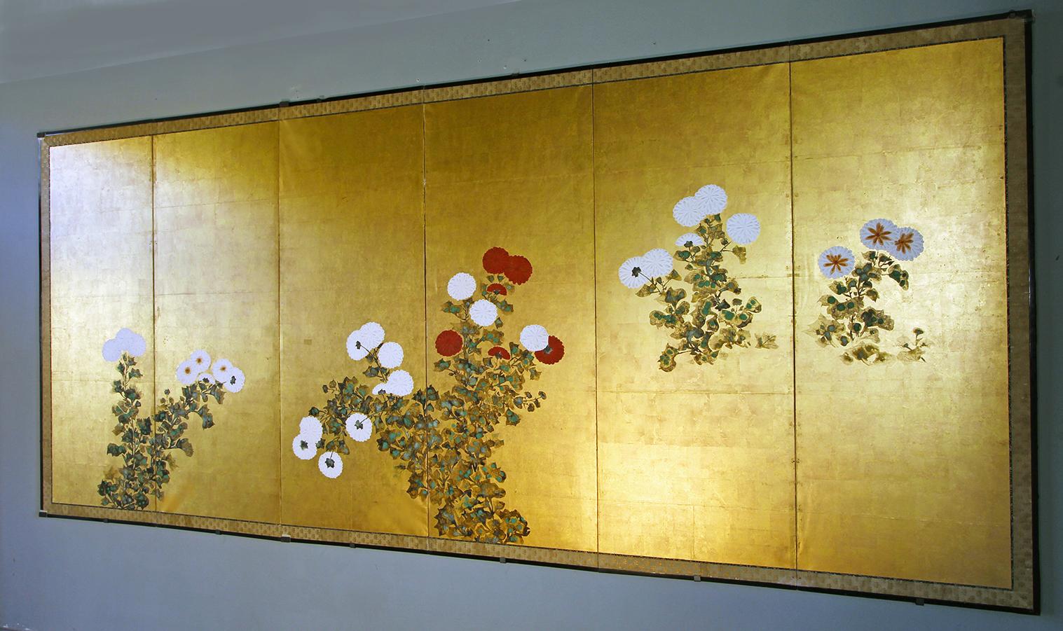 Edo Six-Panel Japanese Screen on Spring Gold Leaf For Sale