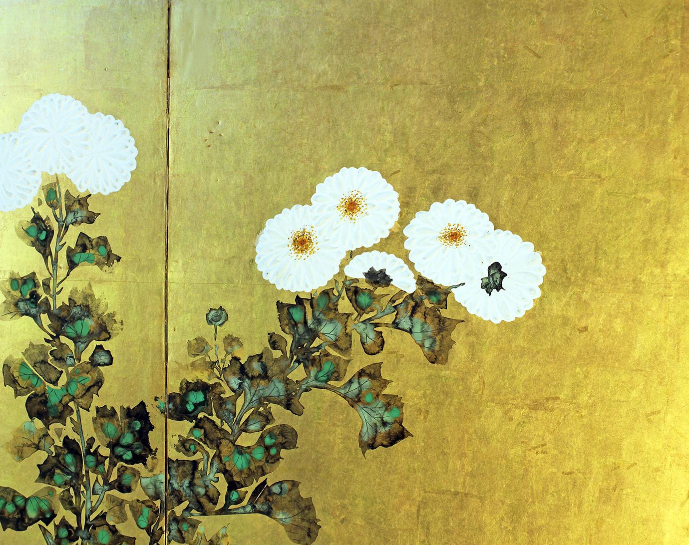 Hand-Painted Six-Panel Japanese Screen on Spring Gold Leaf For Sale