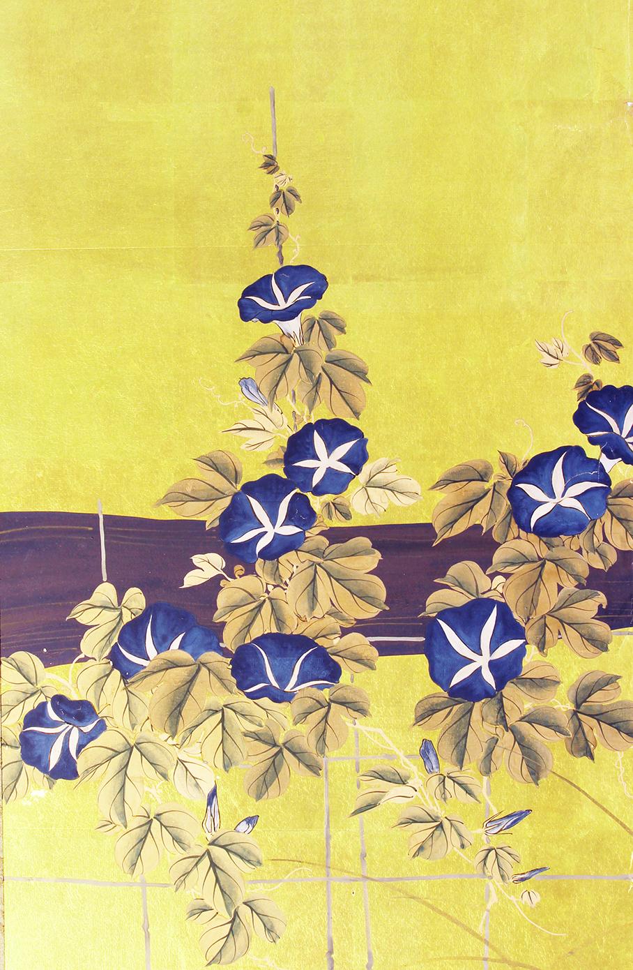 Meiji Six Panel Japanese Screen with Summer Flowers