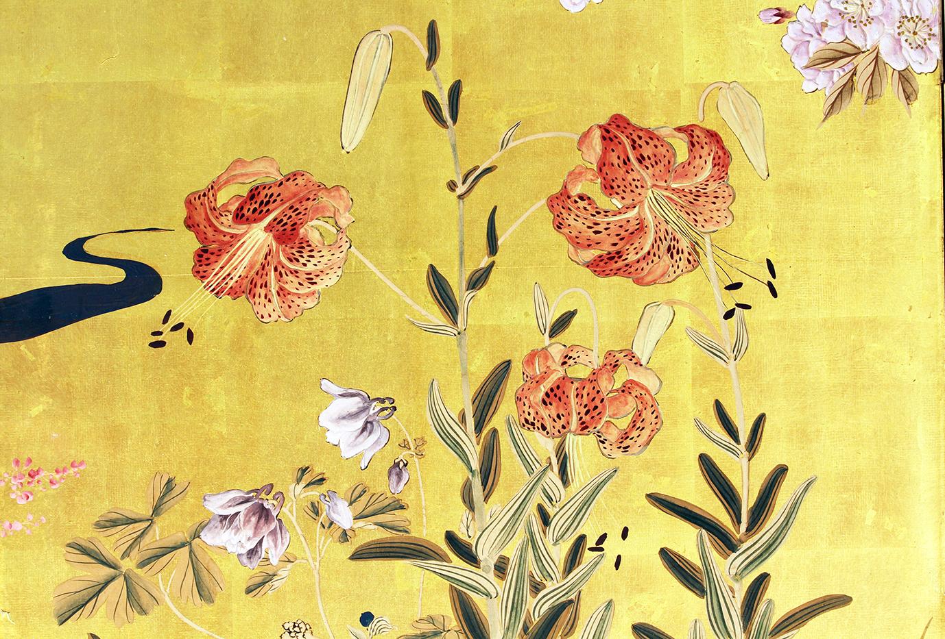 Hand-Painted Six Panel Japanese Screen with Summer Flowers