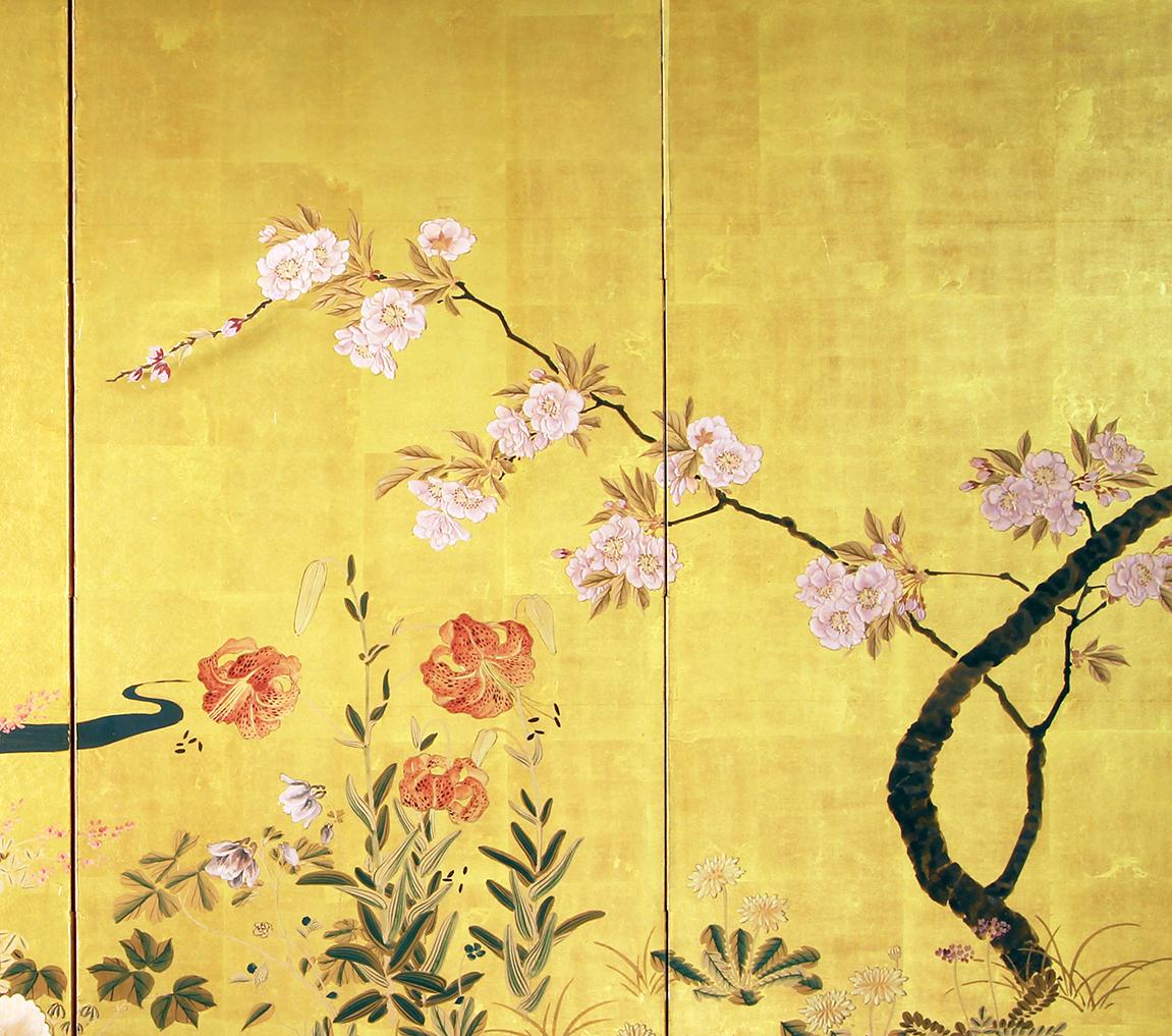Six Panel Japanese Screen with Summer Flowers In Good Condition In Brescia, IT