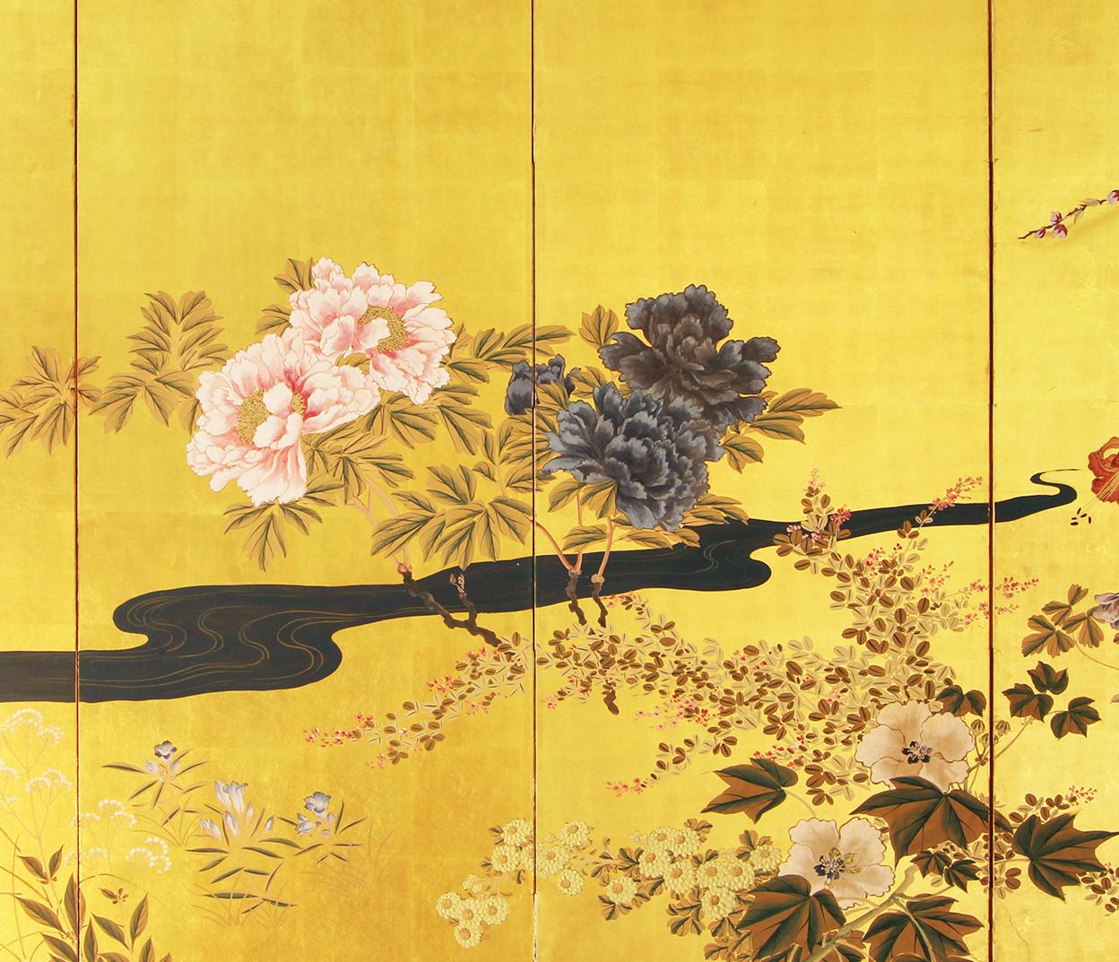 Gold Leaf Six Panel Japanese Screen with Summer Flowers