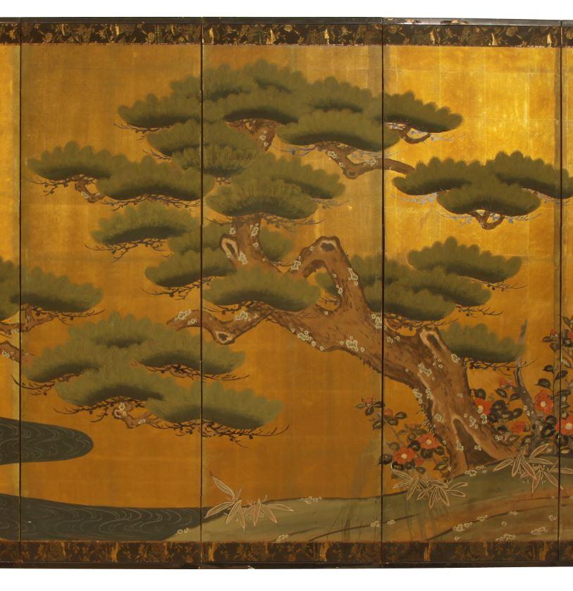 Six-panel Japanese vintage folding byobu screen hand painted with fabric trim around perimeter edge.