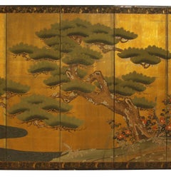 Six Panel Japanese Vintage Folding Byobu Screen