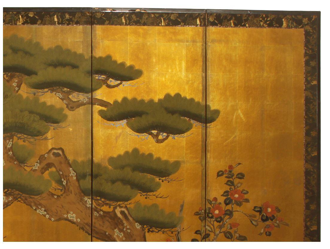 Hand-Painted Six Panel Japanese Vintage Folding Byobu Screen