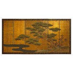 Six Panel Japanese Vintage Folding Byobu Screen