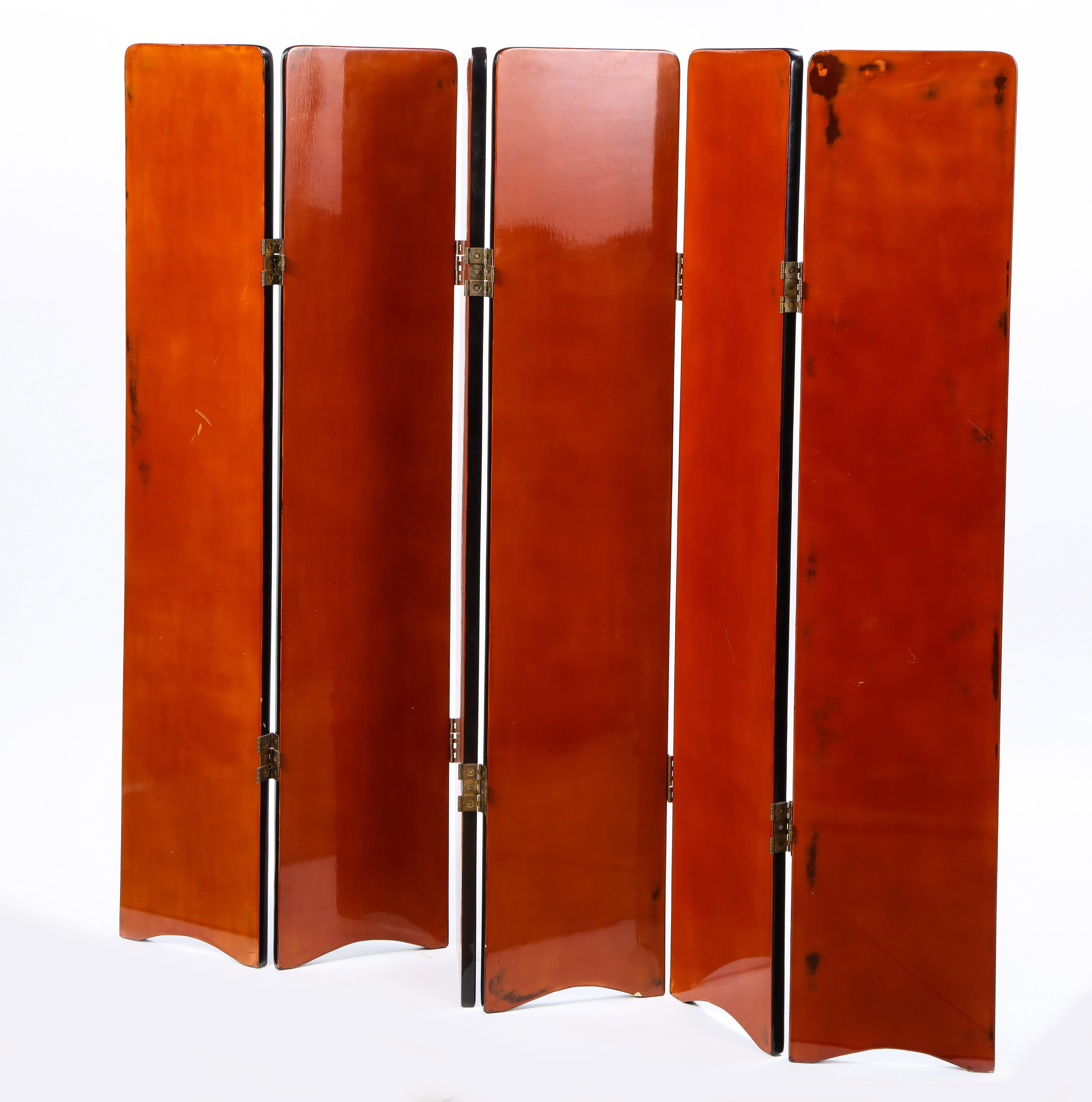 Six-Panel Lacquer Screen in Orange and Black, Modern 1