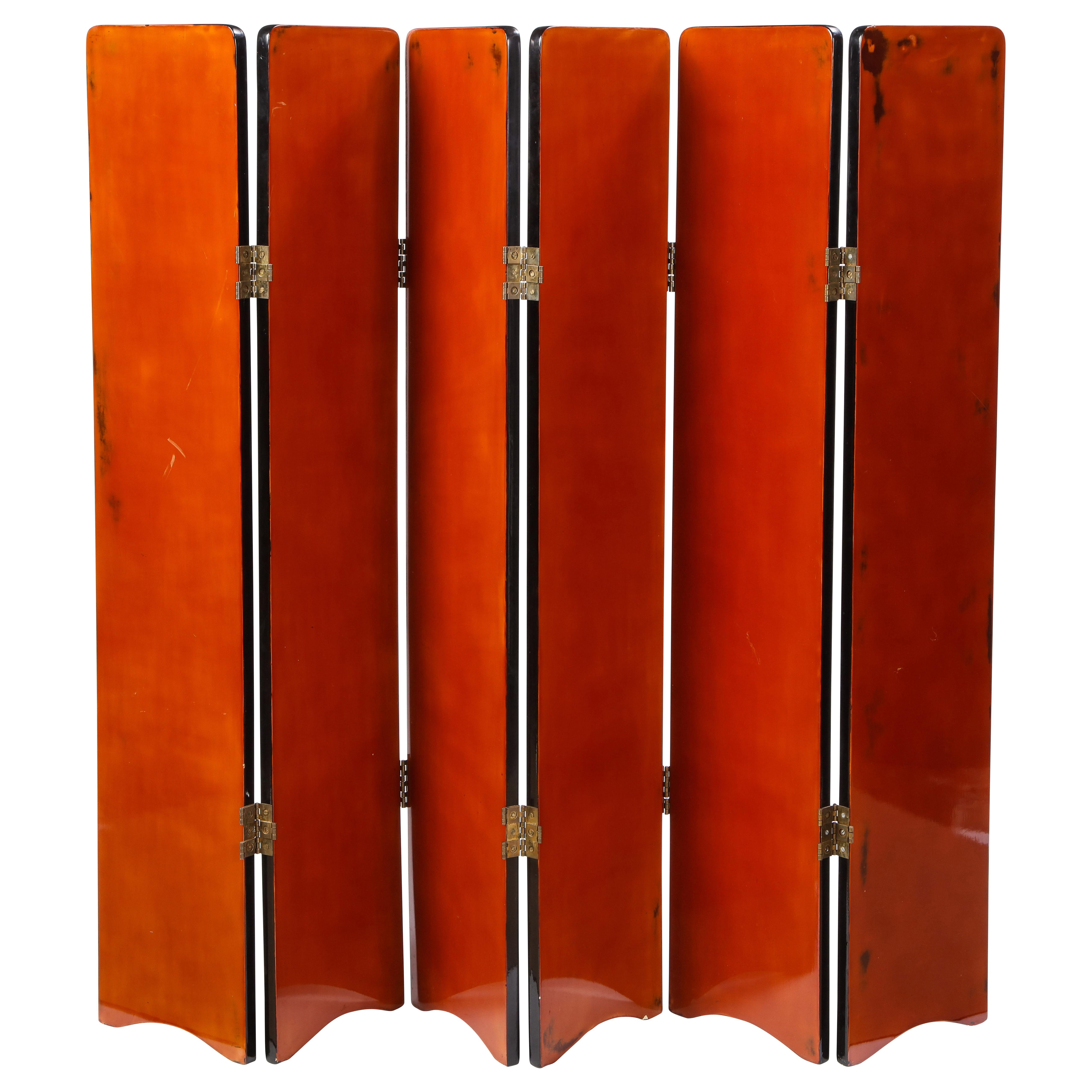 Six-Panel Lacquer Screen in Orange and Black, Modern