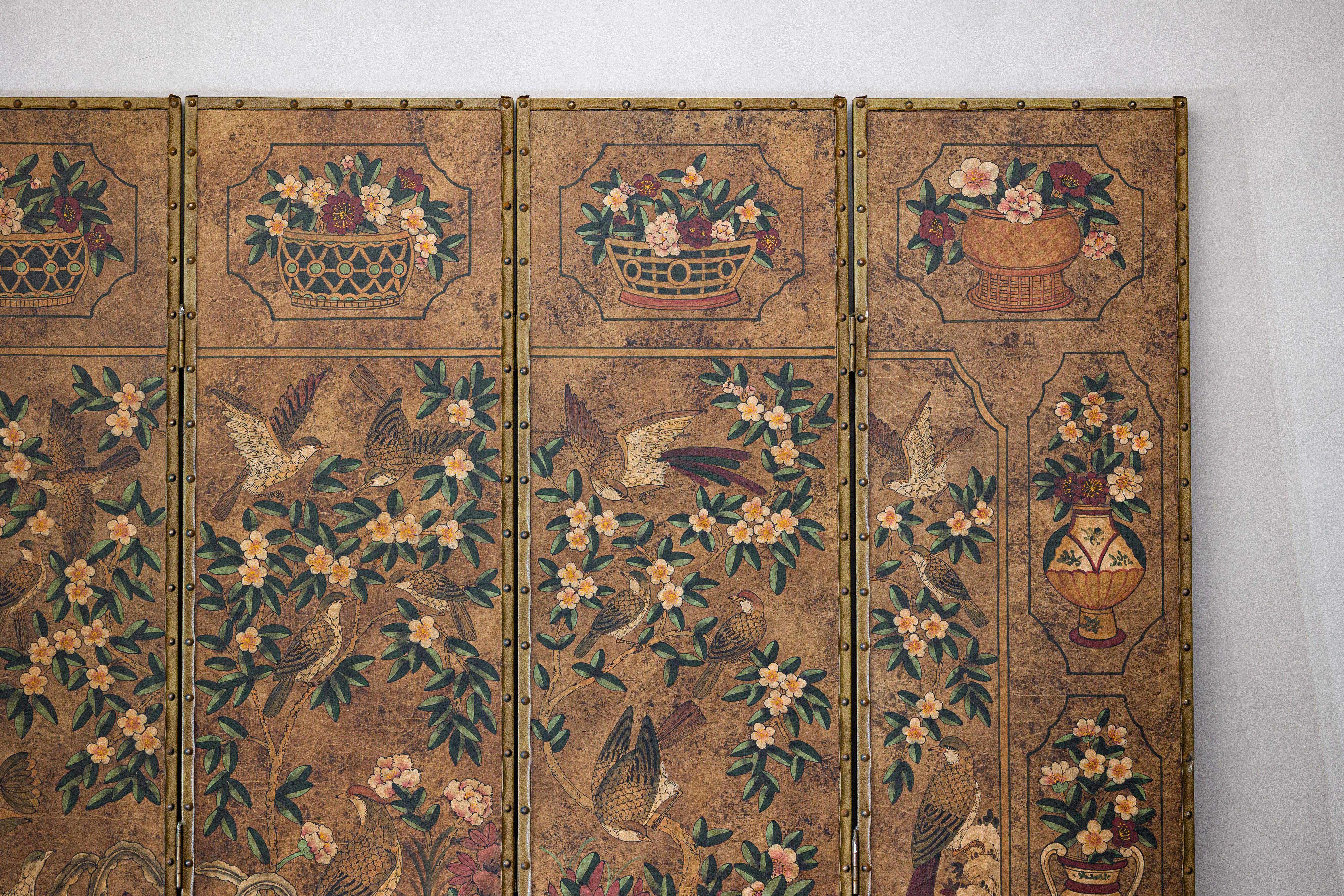 Sechsteiliger Lederschirm mit Vögeln, Blumen und Hahnen - Vintage im Angebot 6