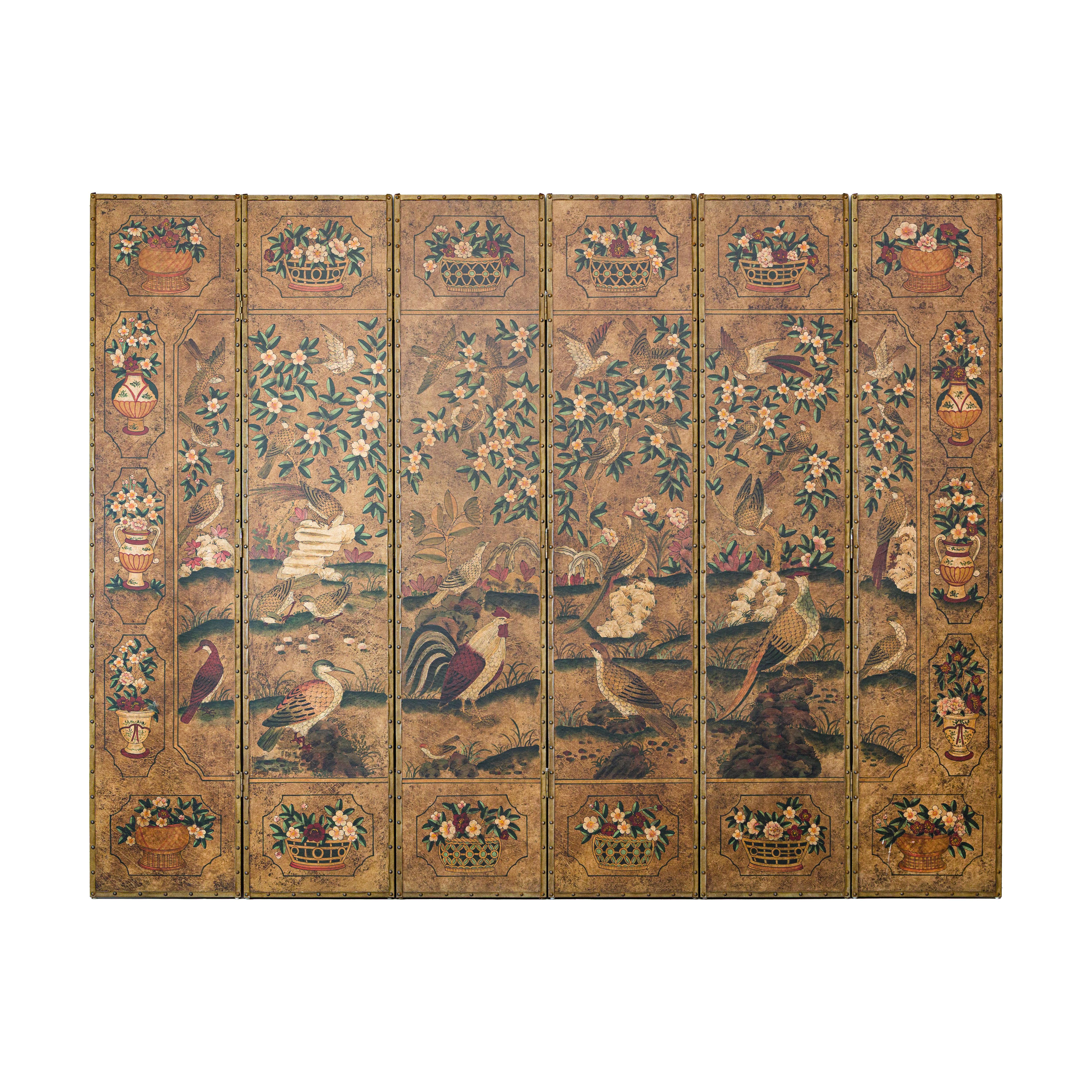 Sechsteiliger Lederschirm mit Vögeln, Blumen und Hahnen - Vintage im Angebot 9