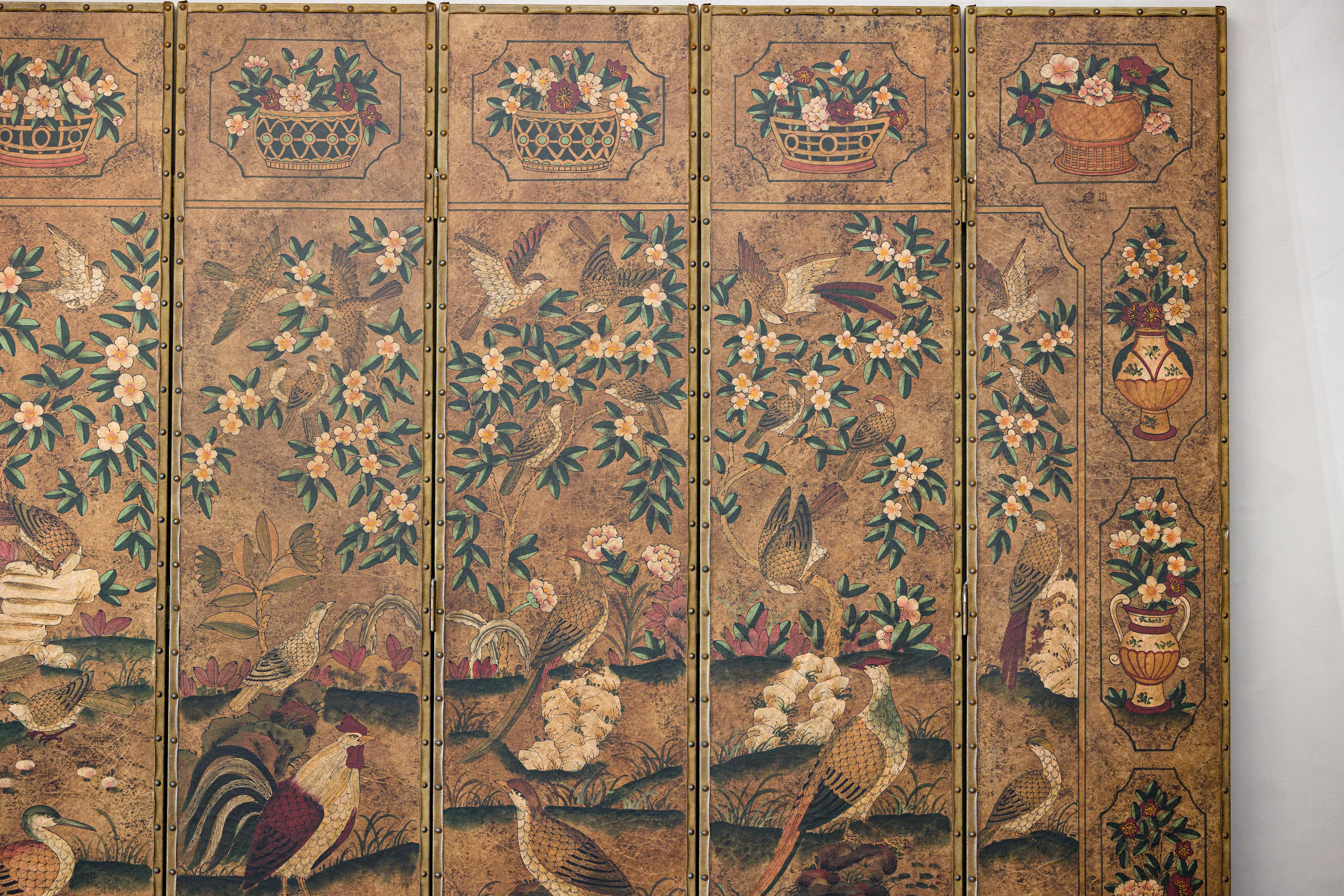 Sechsteiliger Lederschirm mit Vögeln, Blumen und Hahnen - Vintage im Angebot 11