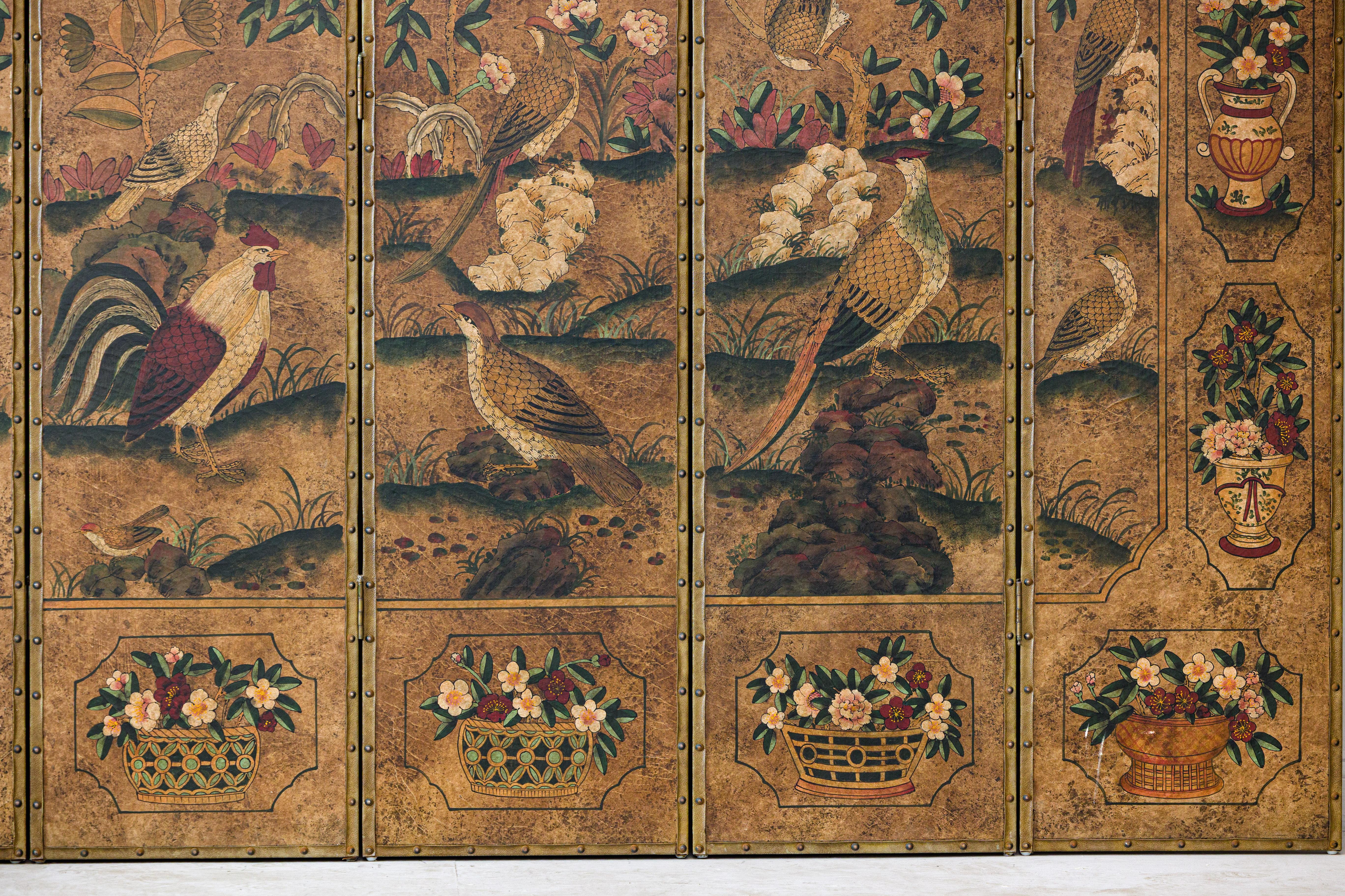 Sechsteiliger Lederschirm mit Vögeln, Blumen und Hahnen - Vintage im Angebot 1