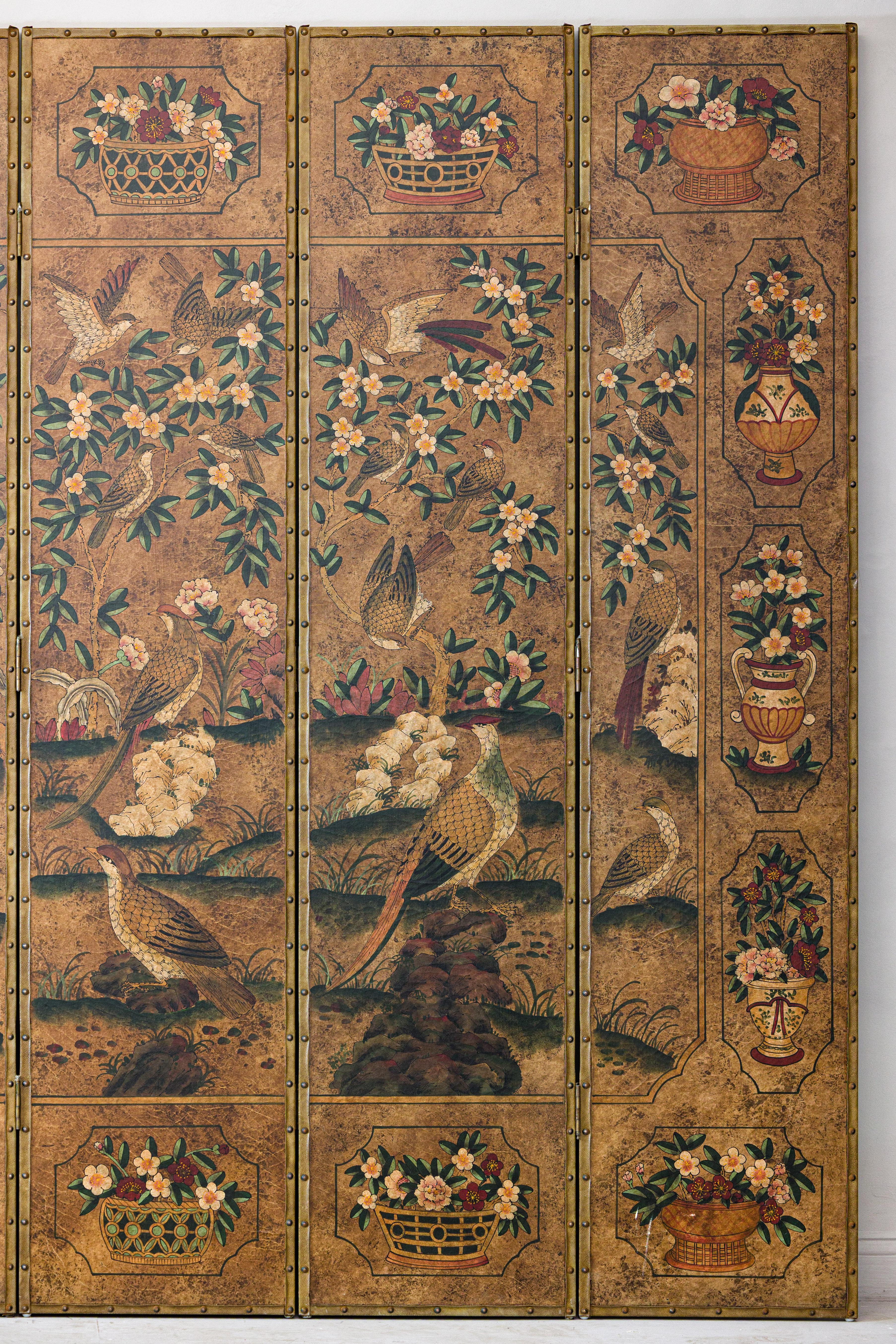 Sechsteiliger Lederschirm mit Vögeln, Blumen und Hahnen - Vintage im Angebot 4