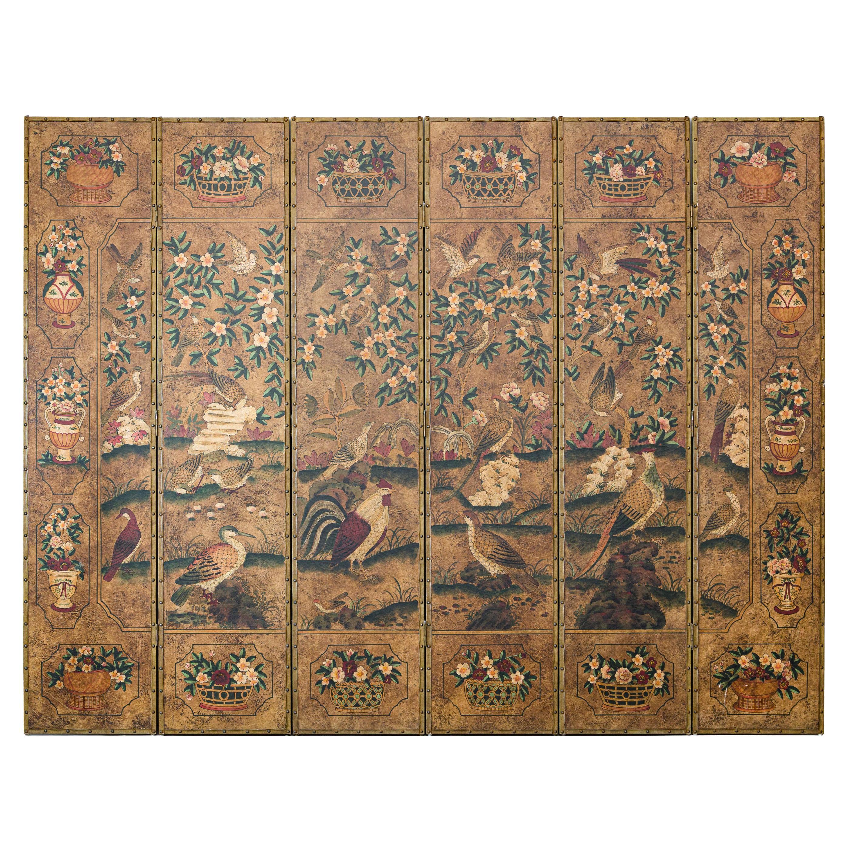 Six-Panel Leather Screen with Birds, Flowers, and Roosters - Vintage