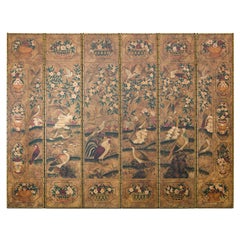 Six-Panel Leather Screen with Birds, Flowers, and Roosters - Vintage