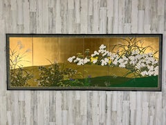 Six-Panel Painted Hanging Screen with Wild Flowers in Gold Leaf