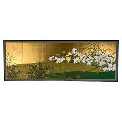 Antique Six-Panel Painted Hanging Screen with Wild Flowers in Gold Leaf