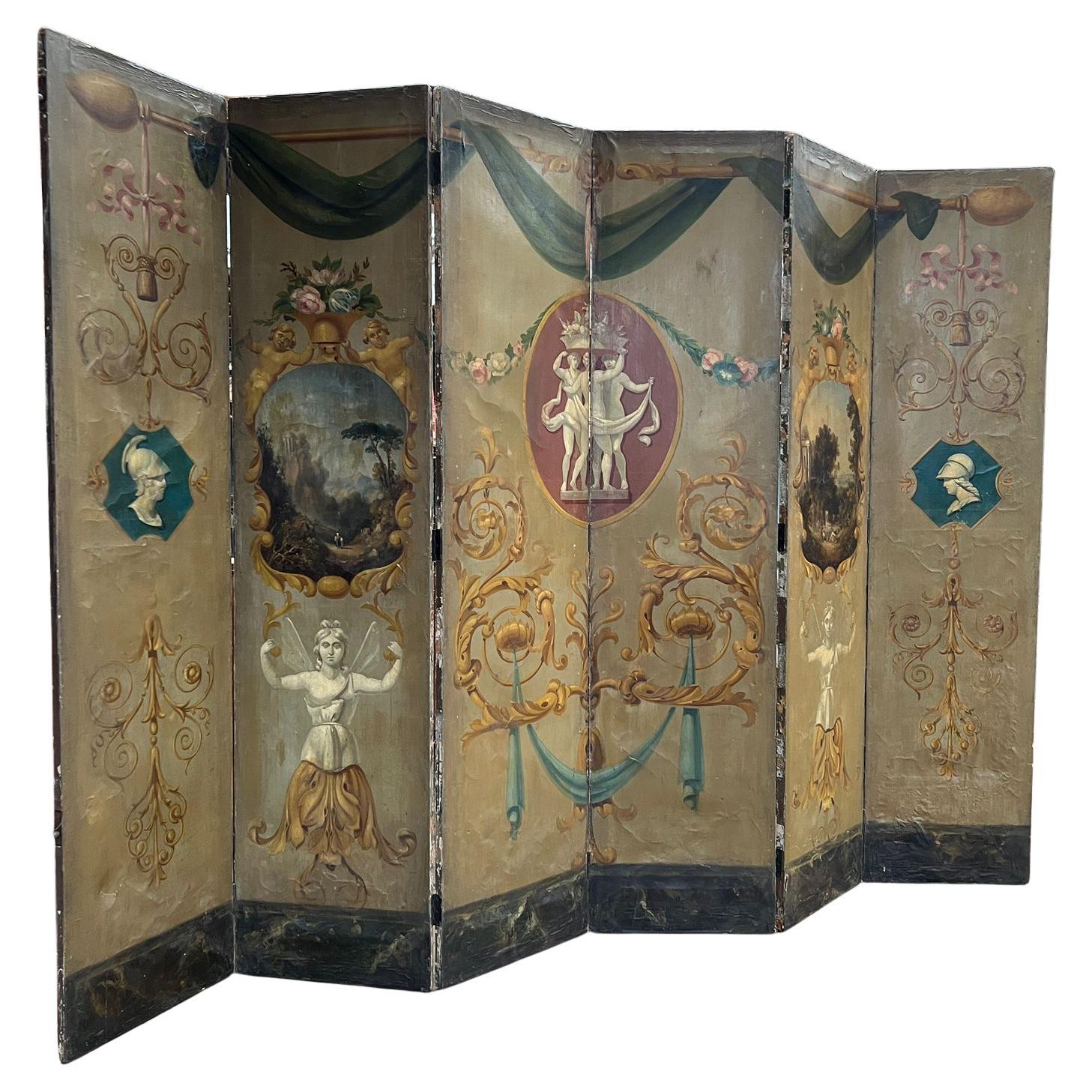 Paravento dipinto a sei pannelli, inizio XIX secolo in vendita