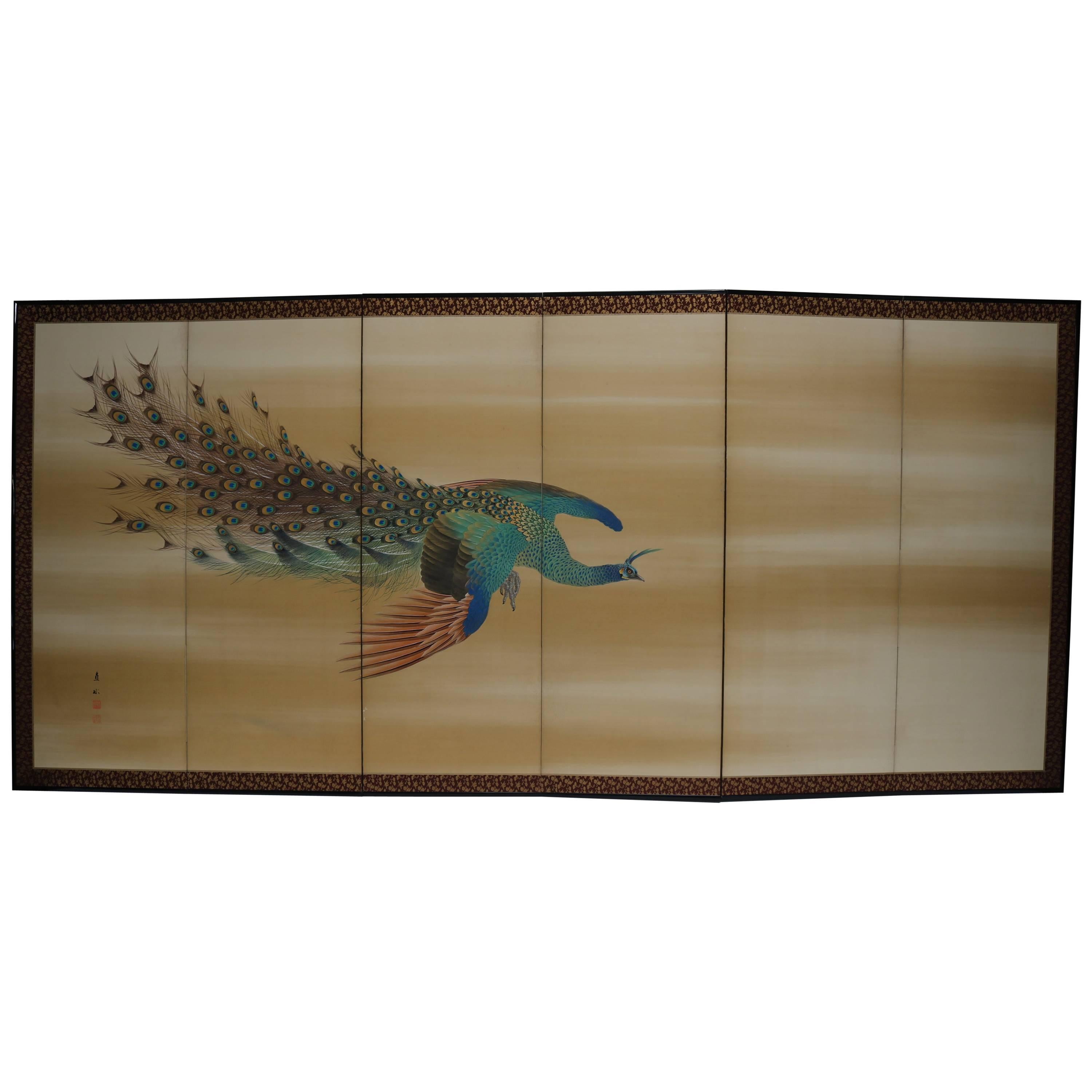 Six-Panel Peacock Folding Screen by Hirai Chokusui For Sale