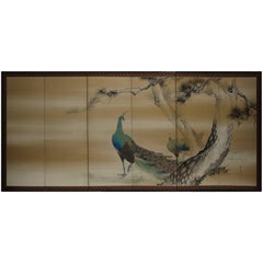 Six-Panel Peacock Folding Screen by Hirai Chokusui