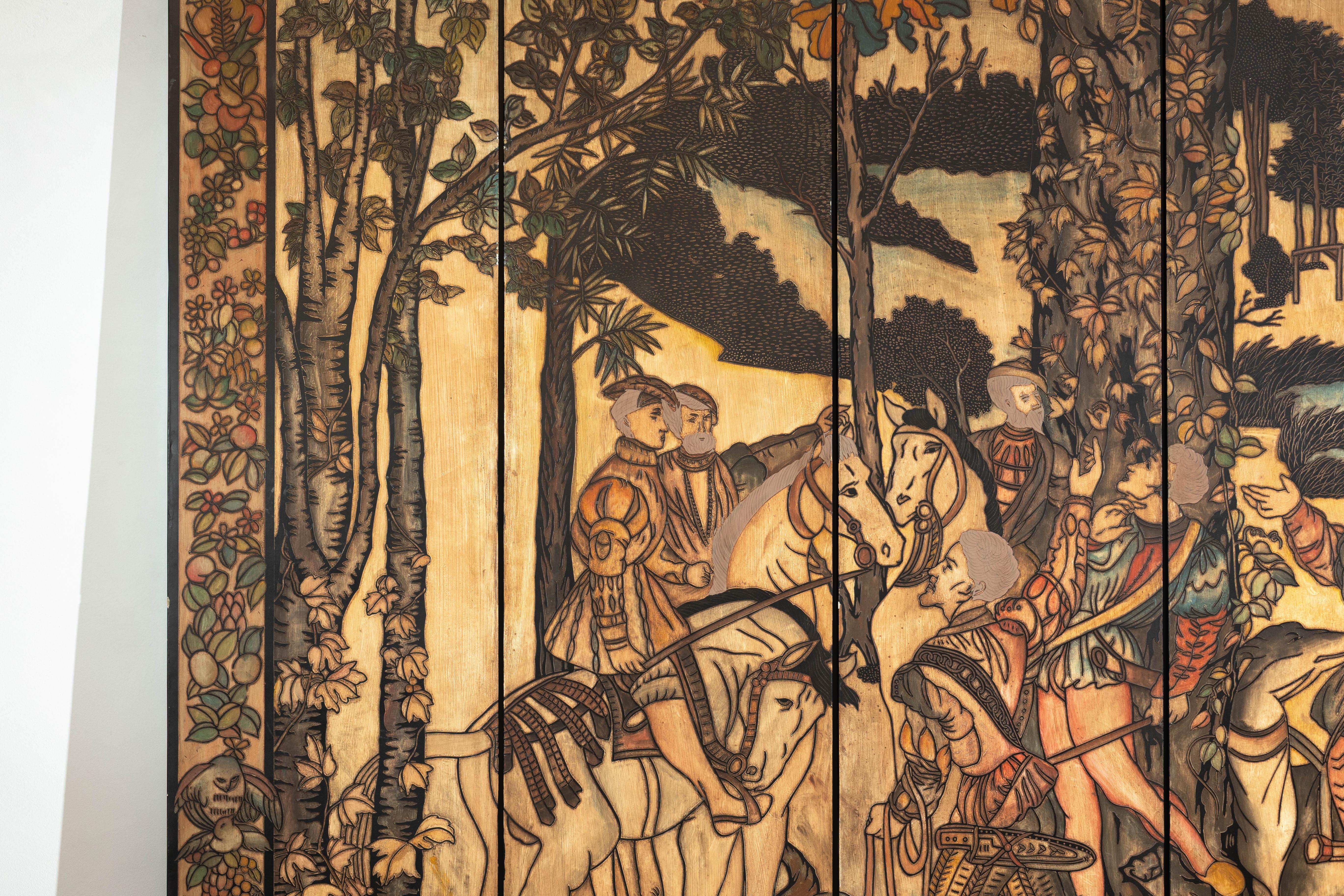 Six-Panel Renaissance Themed Painted Screen with Noble Hunting Scene For Sale 3