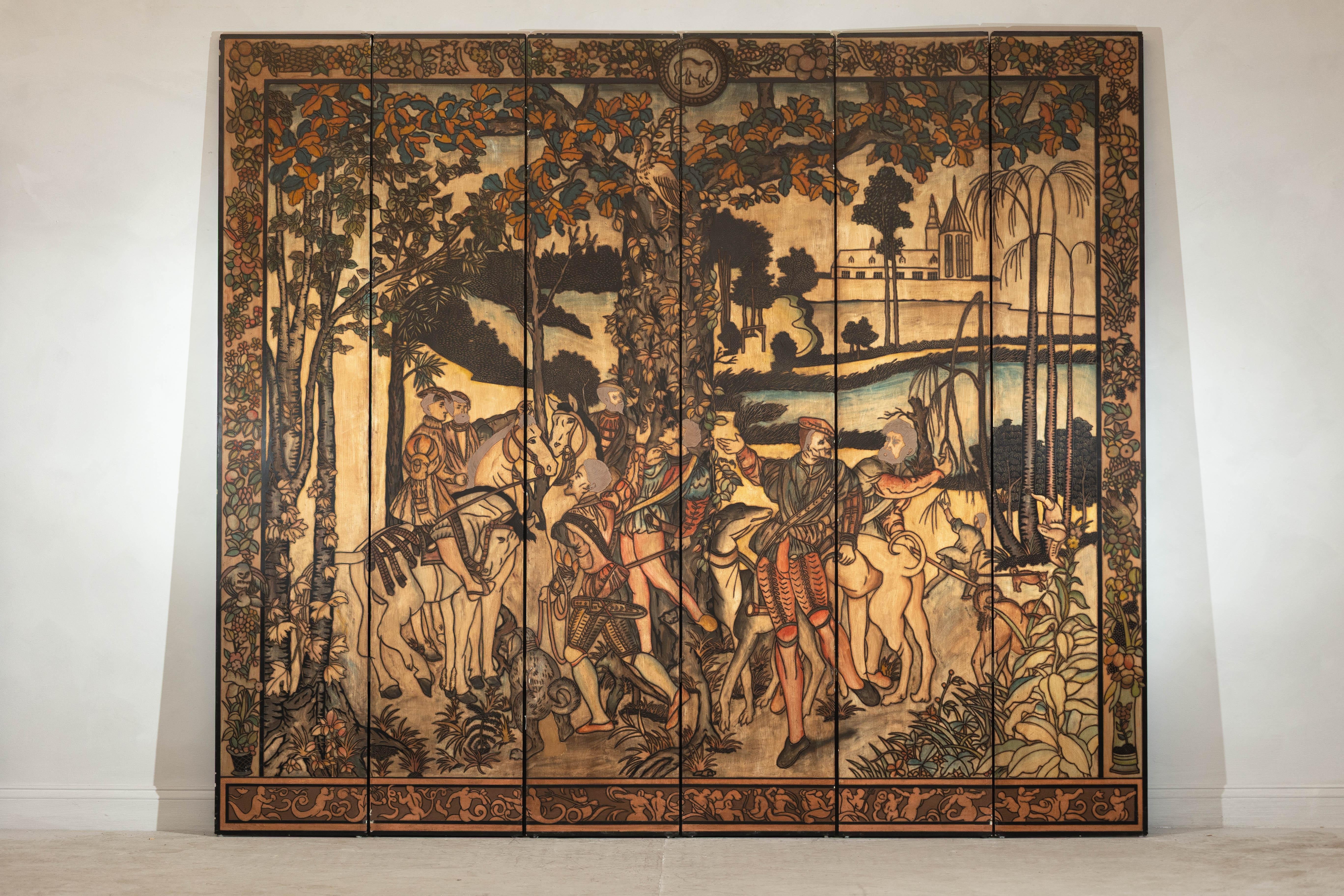 This six-panel folding screen features a richly detailed Renaissance-style scene inspired by courtly European painting traditions. Likely dating to the late 20th century, the screen is crafted from wood and painted with a bold palette that evokes