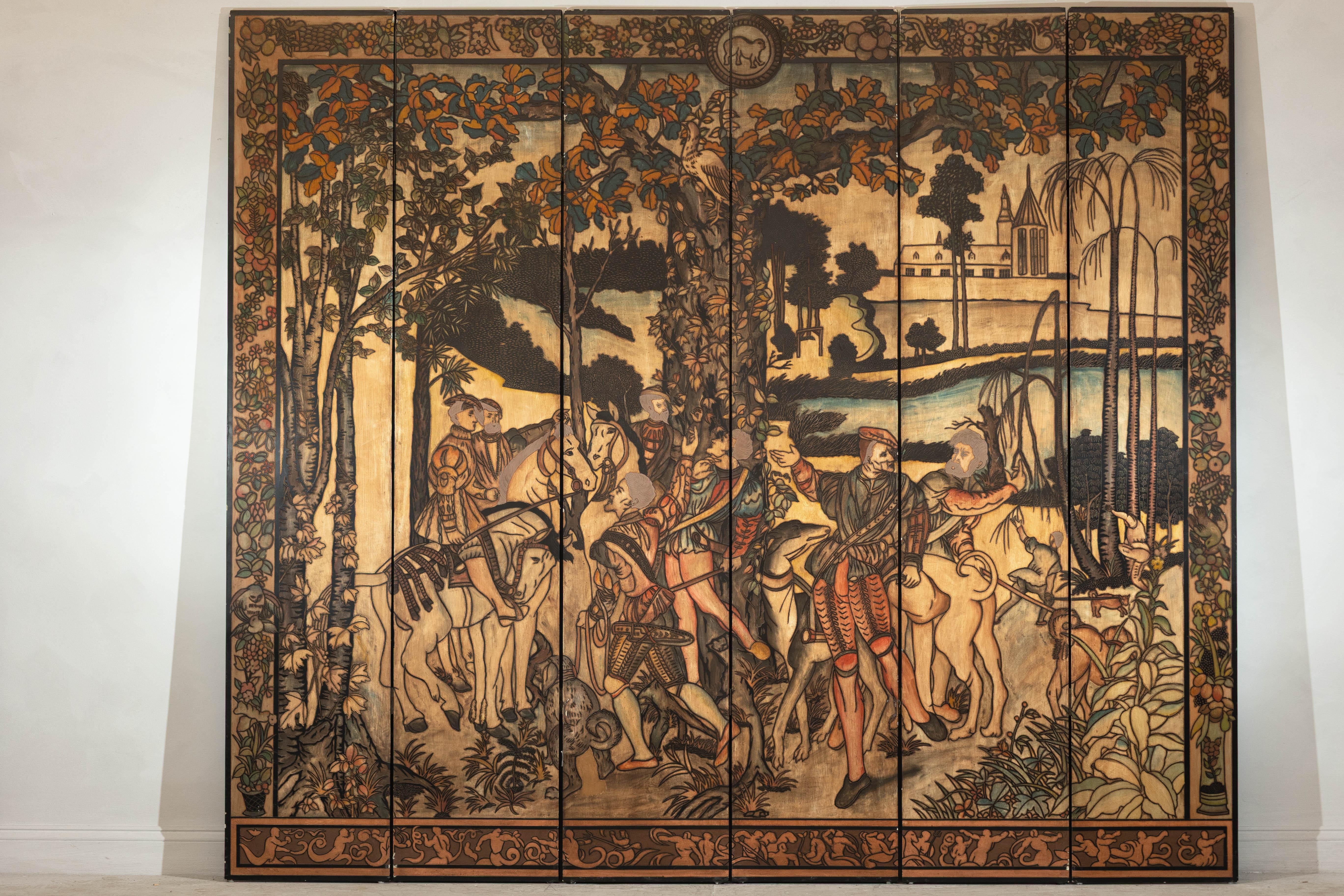 Chinese Six-Panel Renaissance Themed Painted Screen with Noble Hunting Scene For Sale
