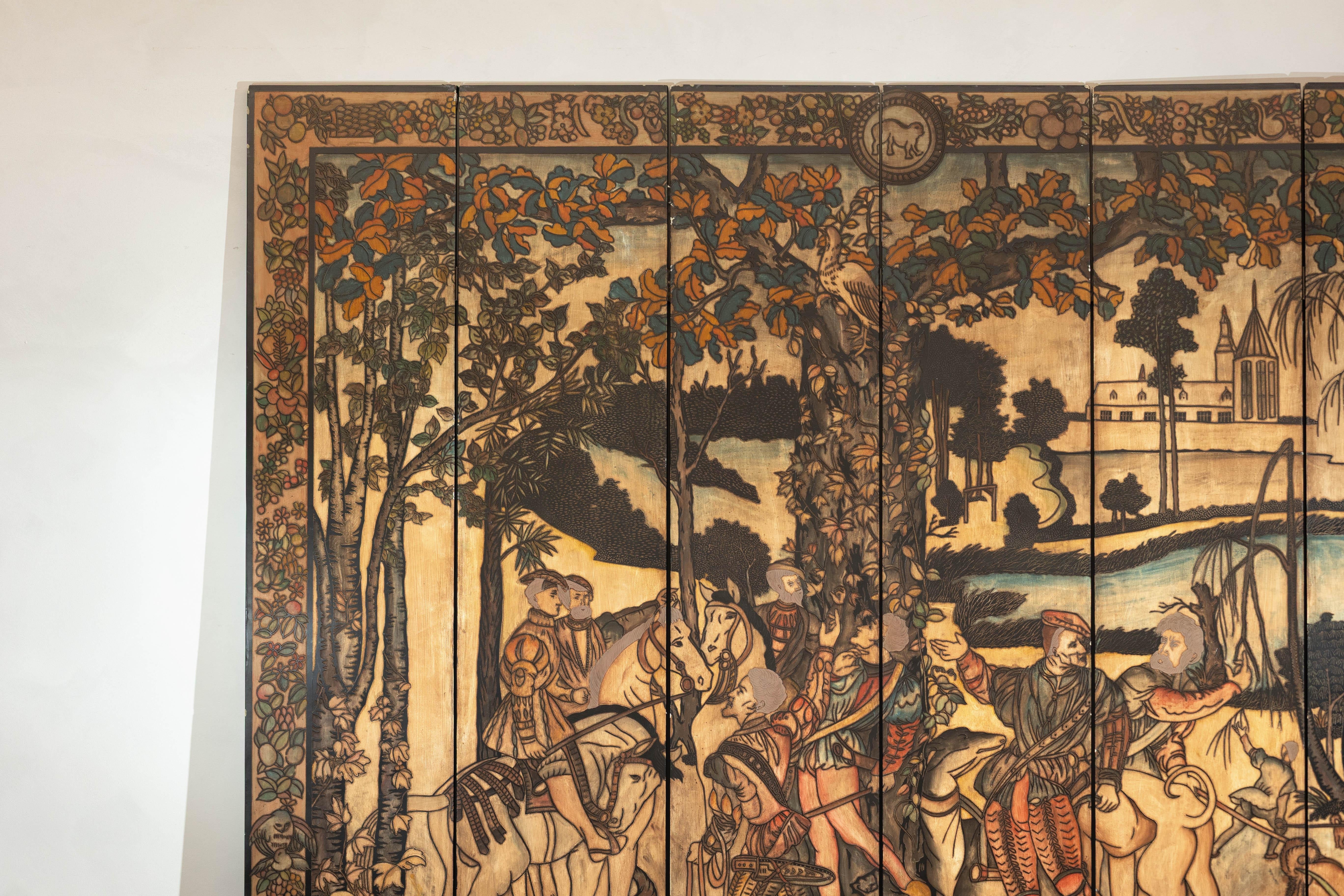 Hand-Painted Six-Panel Renaissance Themed Painted Screen with Noble Hunting Scene For Sale