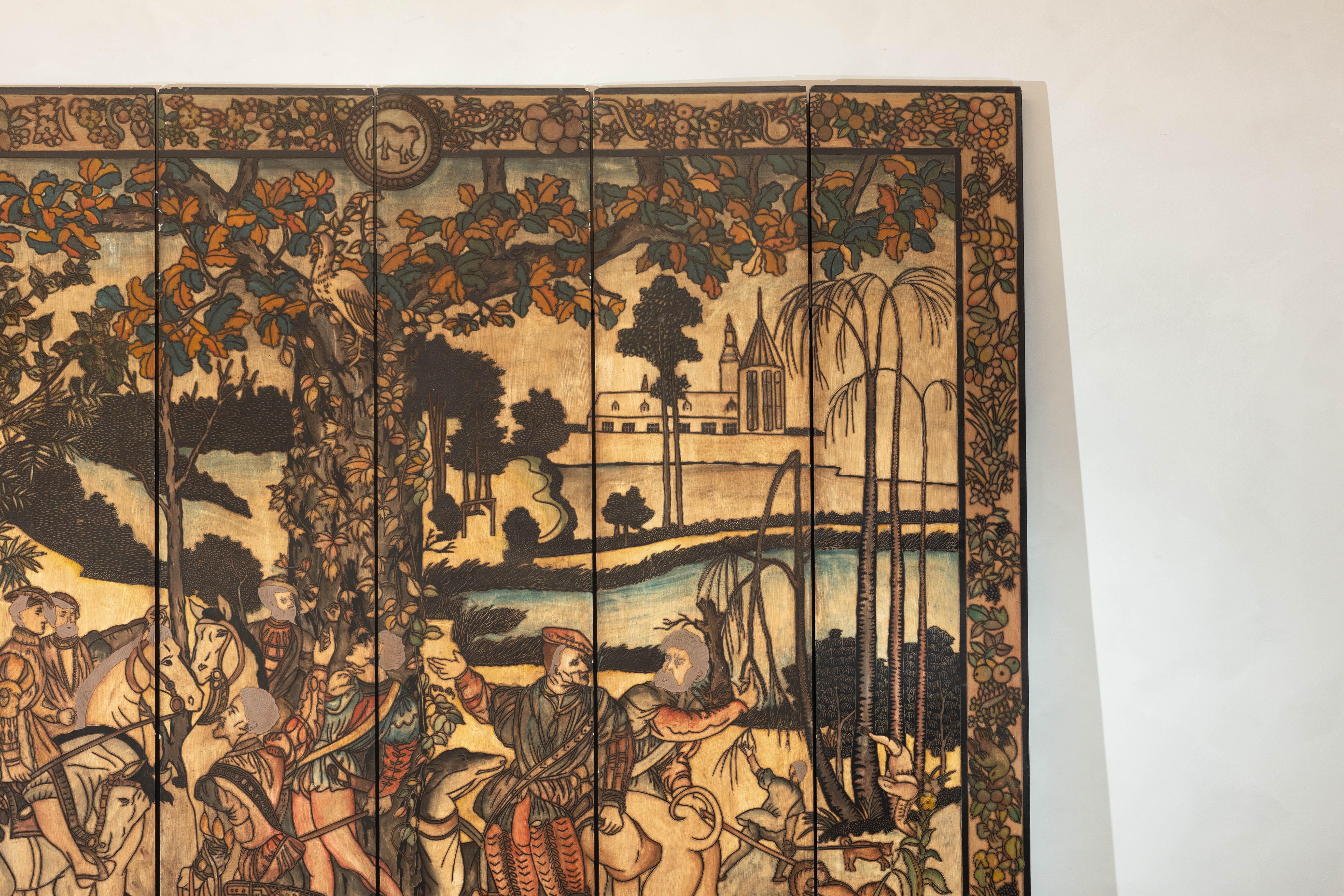 Six-Panel Renaissance Themed Painted Screen with Noble Hunting Scene In Good Condition For Sale In Yonkers, NY