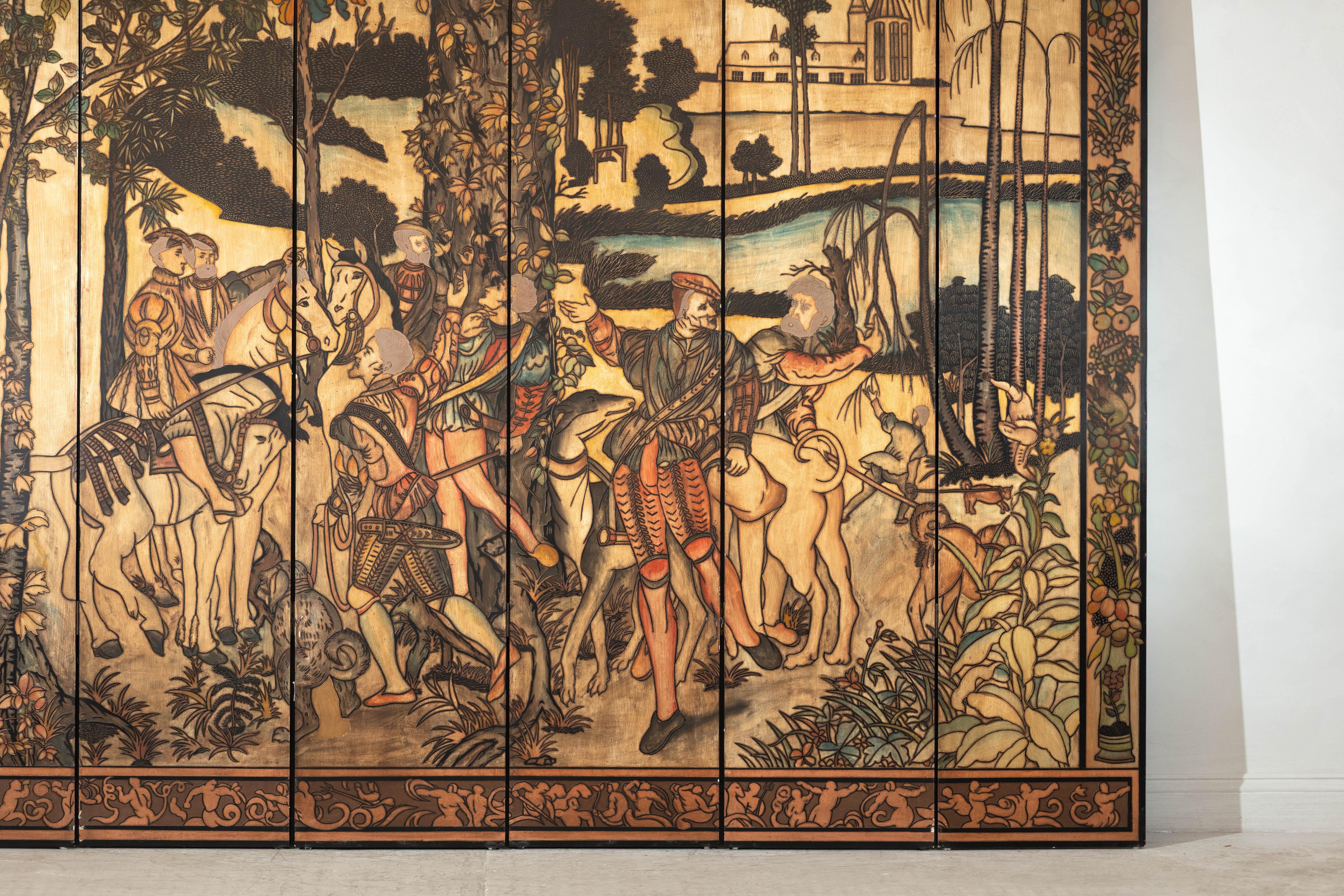 20th Century Six-Panel Renaissance Themed Painted Screen with Noble Hunting Scene For Sale