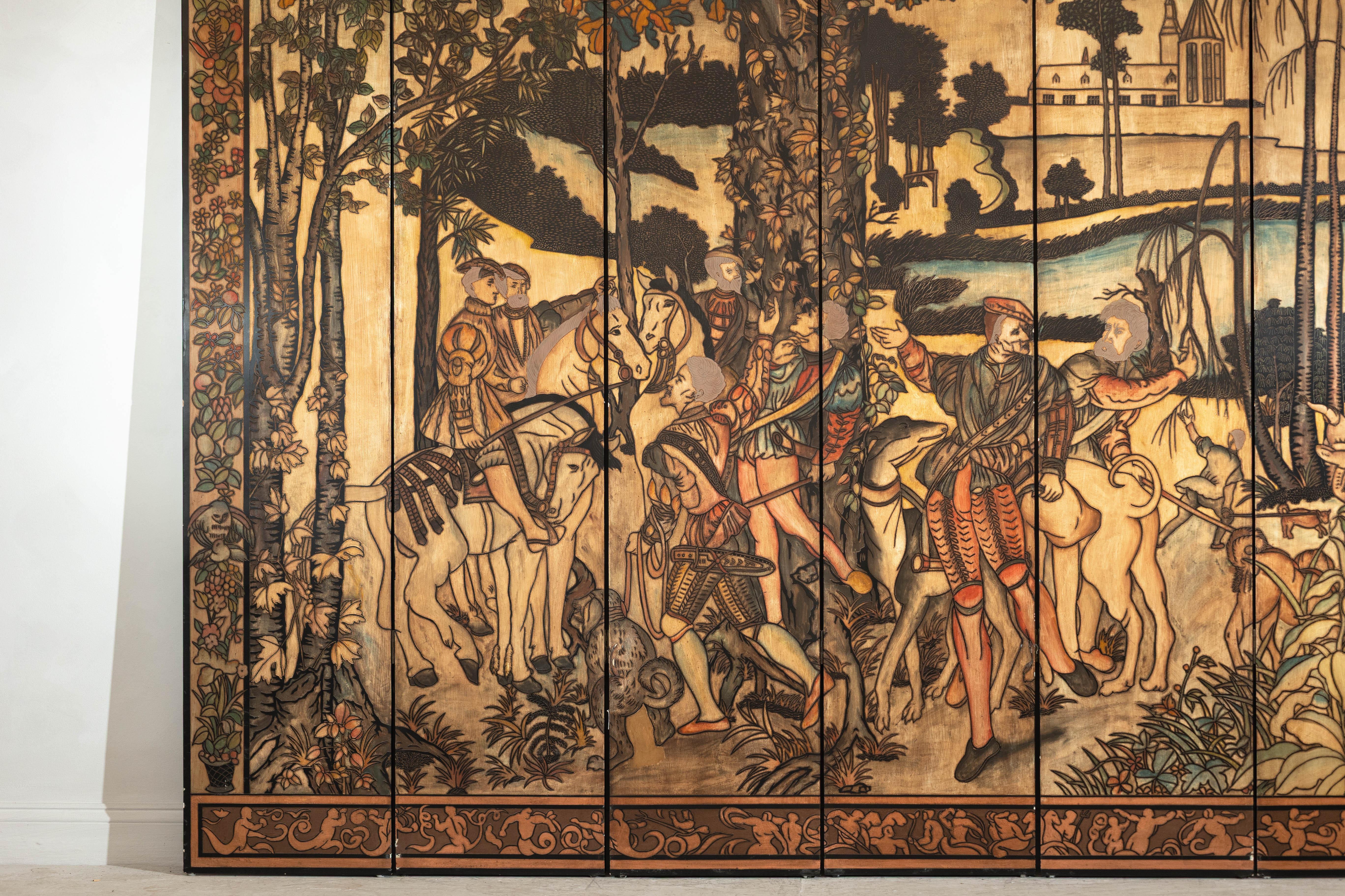 Wood Six-Panel Renaissance Themed Painted Screen with Noble Hunting Scene For Sale