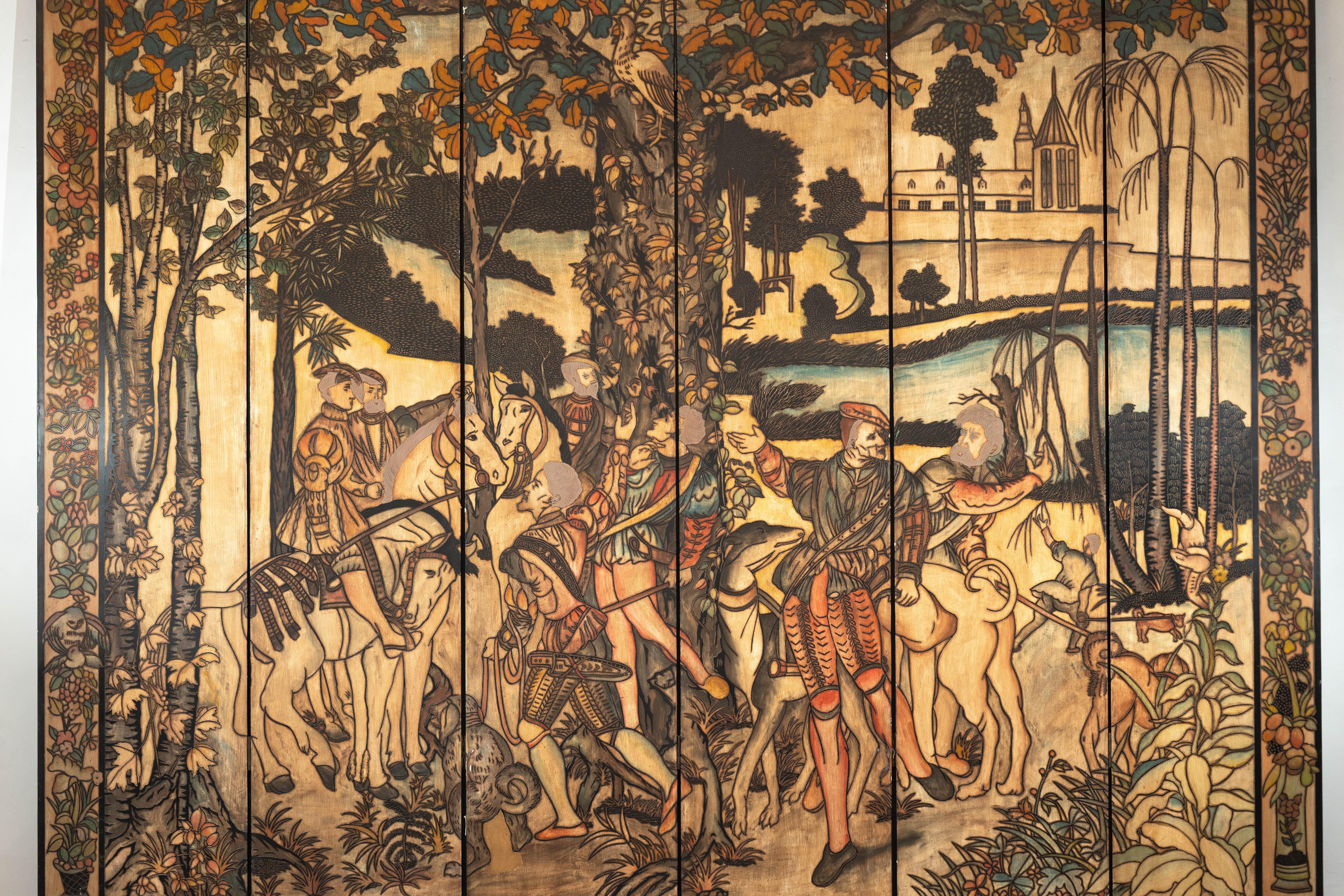 Six-Panel Renaissance Themed Painted Screen with Noble Hunting Scene For Sale 1