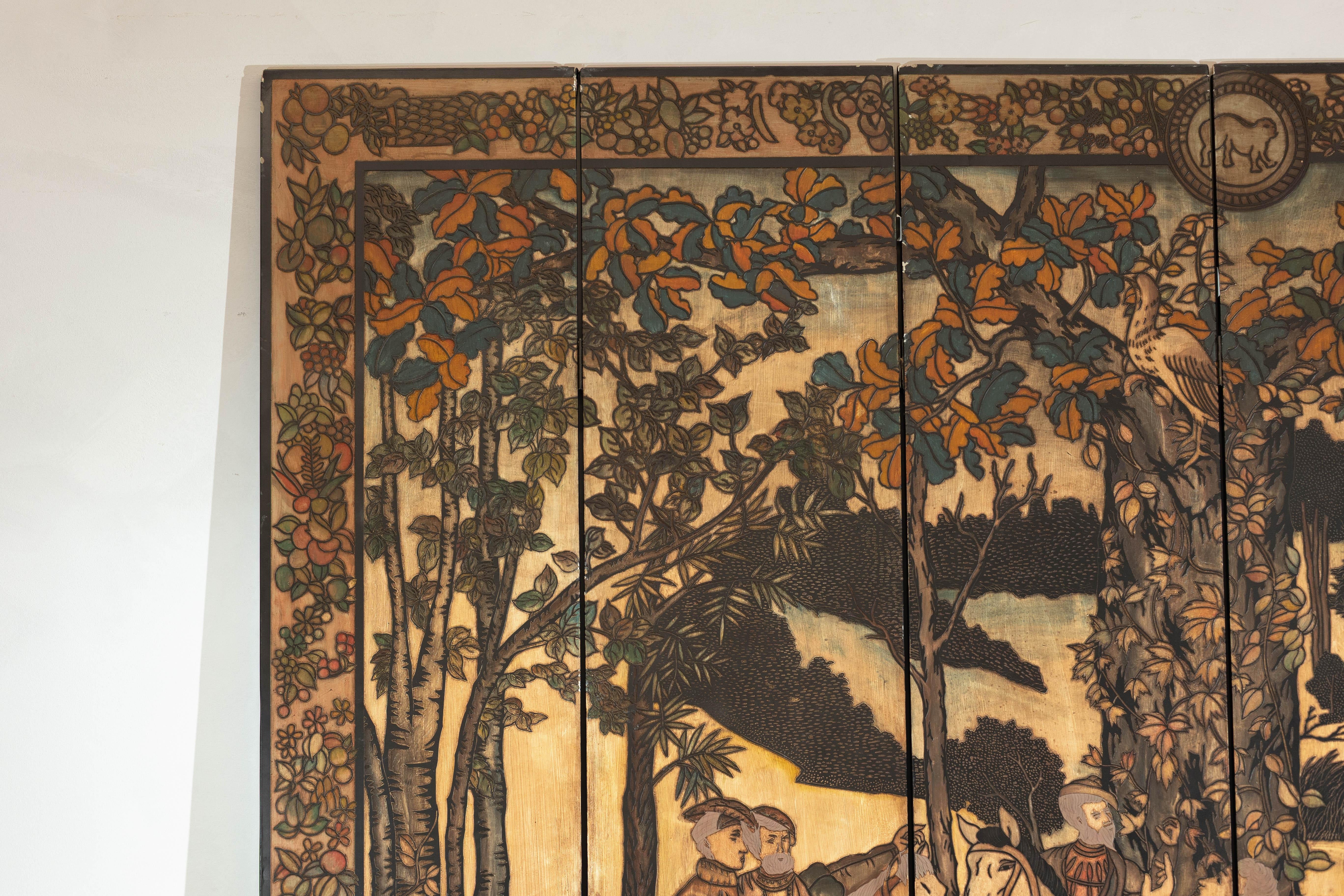 Six-Panel Renaissance Themed Painted Screen with Noble Hunting Scene For Sale 2