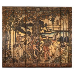 Six-Panel Renaissance Themed Painted Screen with Noble Hunting Scene