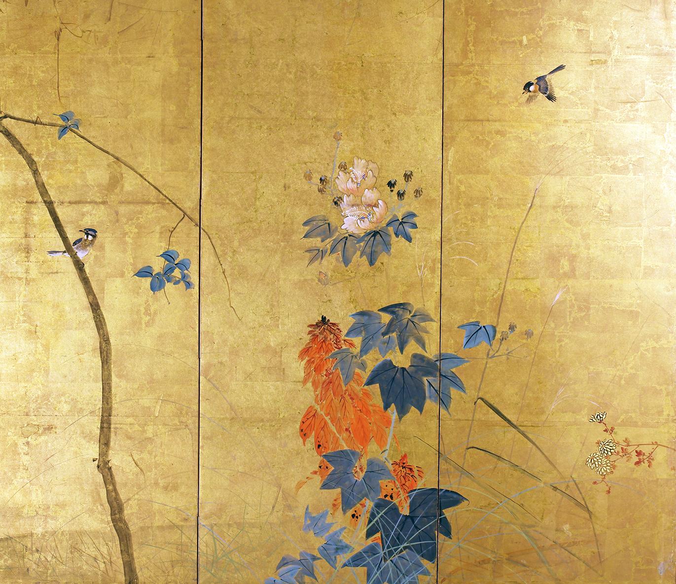 19th century Japanese screen depicting a landscape with ducks, birds and flowers of the Rinpa school, hand painted with mineral pigments on six panels completely covered with gold leaf.
Rinpa is one of the major historical schools of Japanese