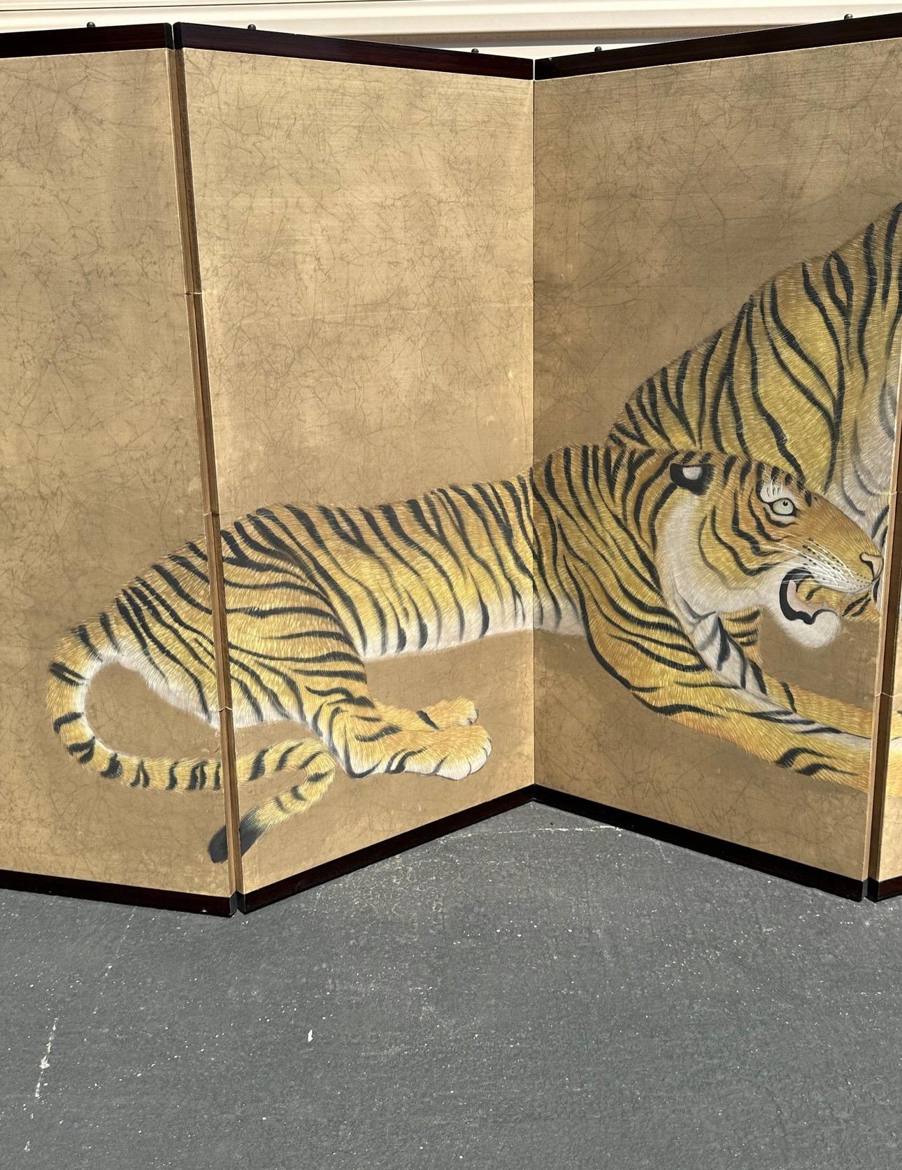 Bronze Six Panel Screen Ambush of Tigers Made in Hong Kong For Sale