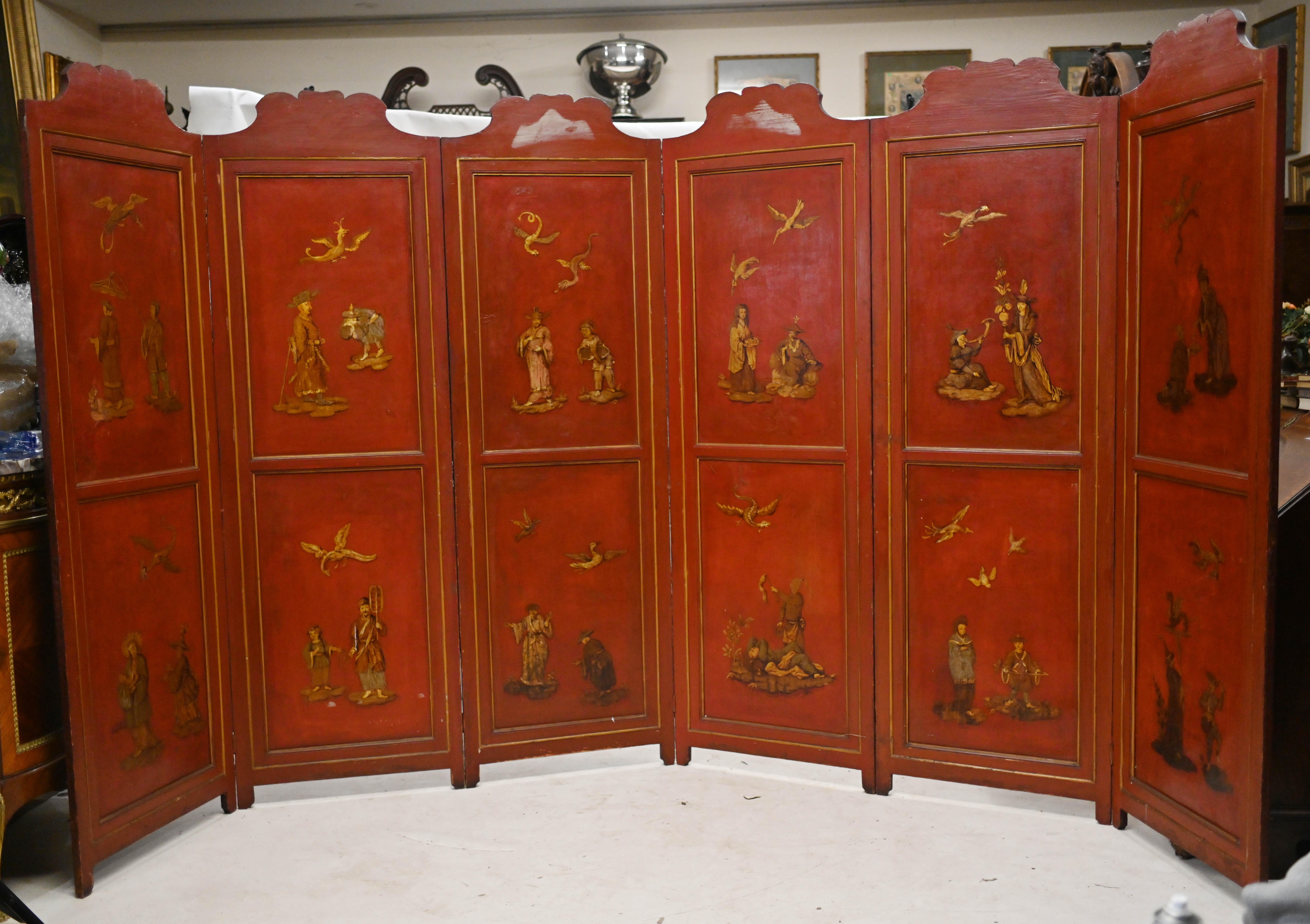 Six Panel Screen Antique Painted Room Divider Chinoiserie 13