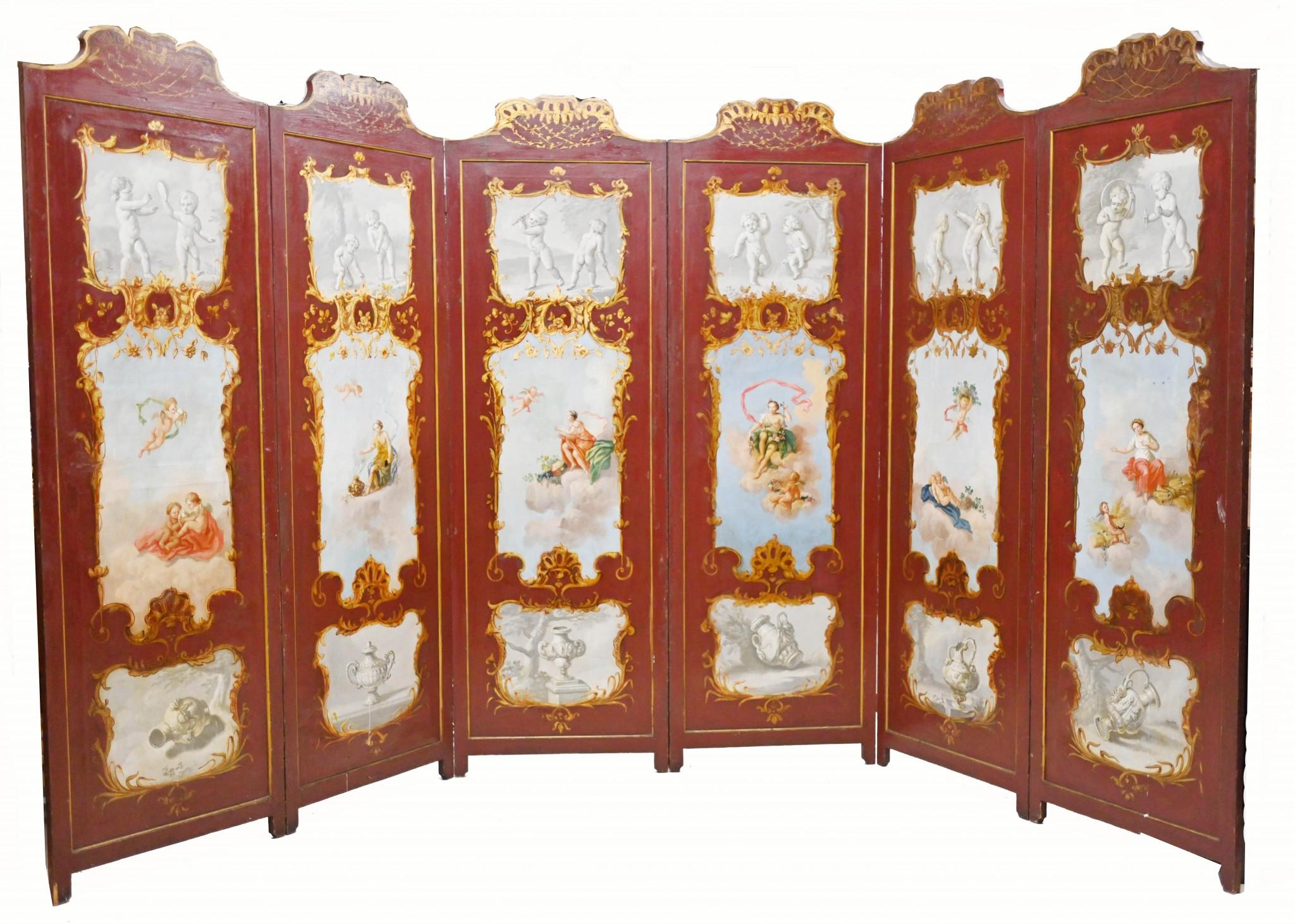 From time to time we come across pieces that are so unique and desireable and this six panel screeen has to be one of them
On one side it features hand pained cherub scenes whilst on the reverse it features intricate Chinoiserie
I guess you can take