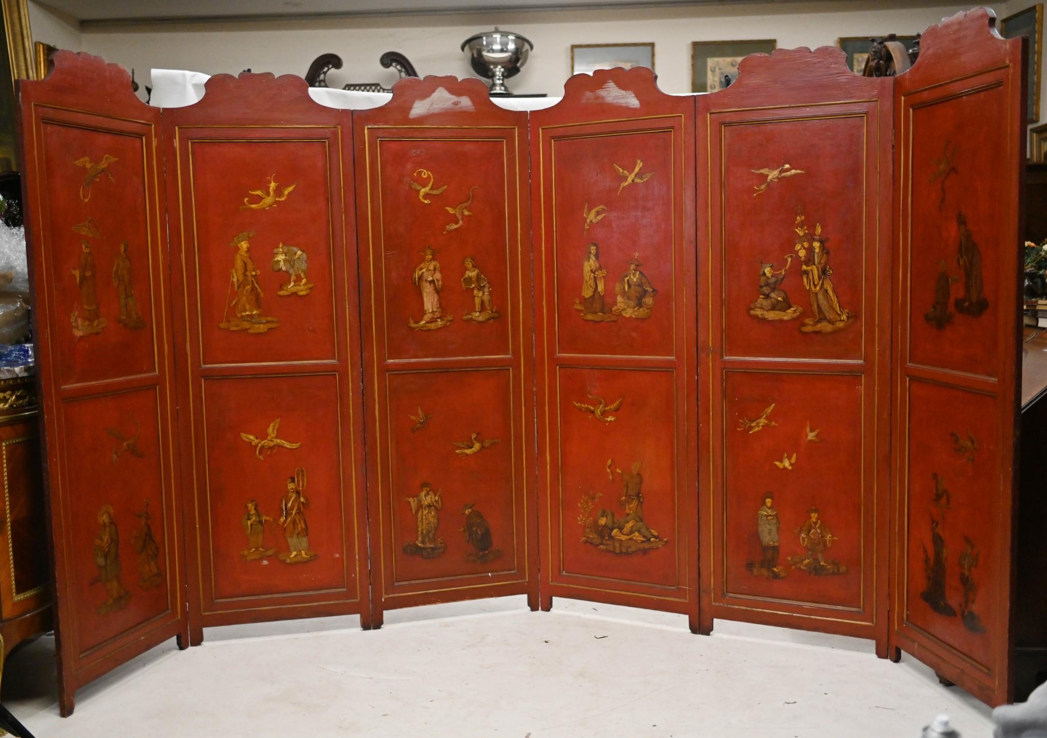 Six Panel Screen Antique Painted Room Divider Chinoiserie In Good Condition For Sale In Potters Bar, GB