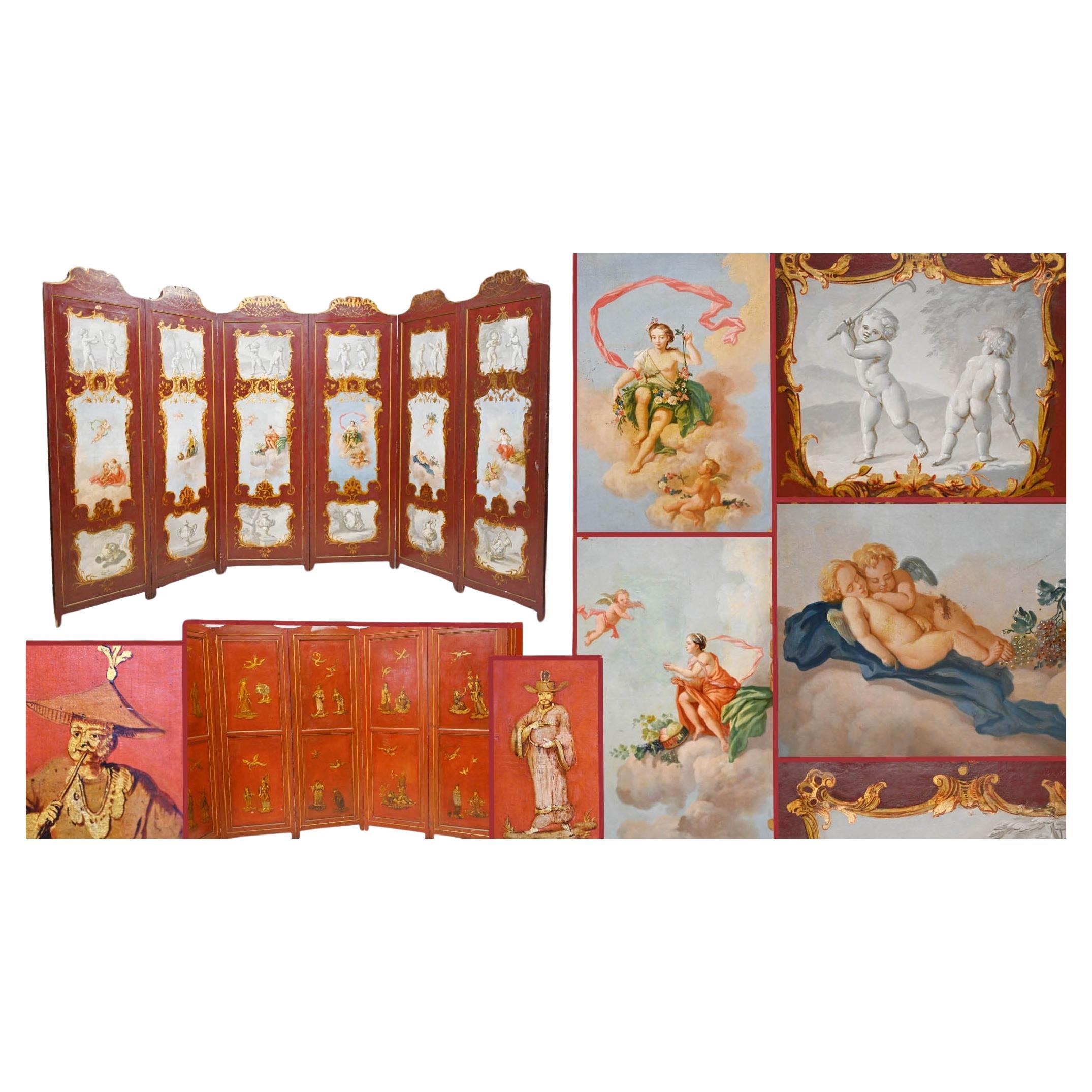 Six Panel Screen Antique Painted Room Divider Chinoiserie For Sale