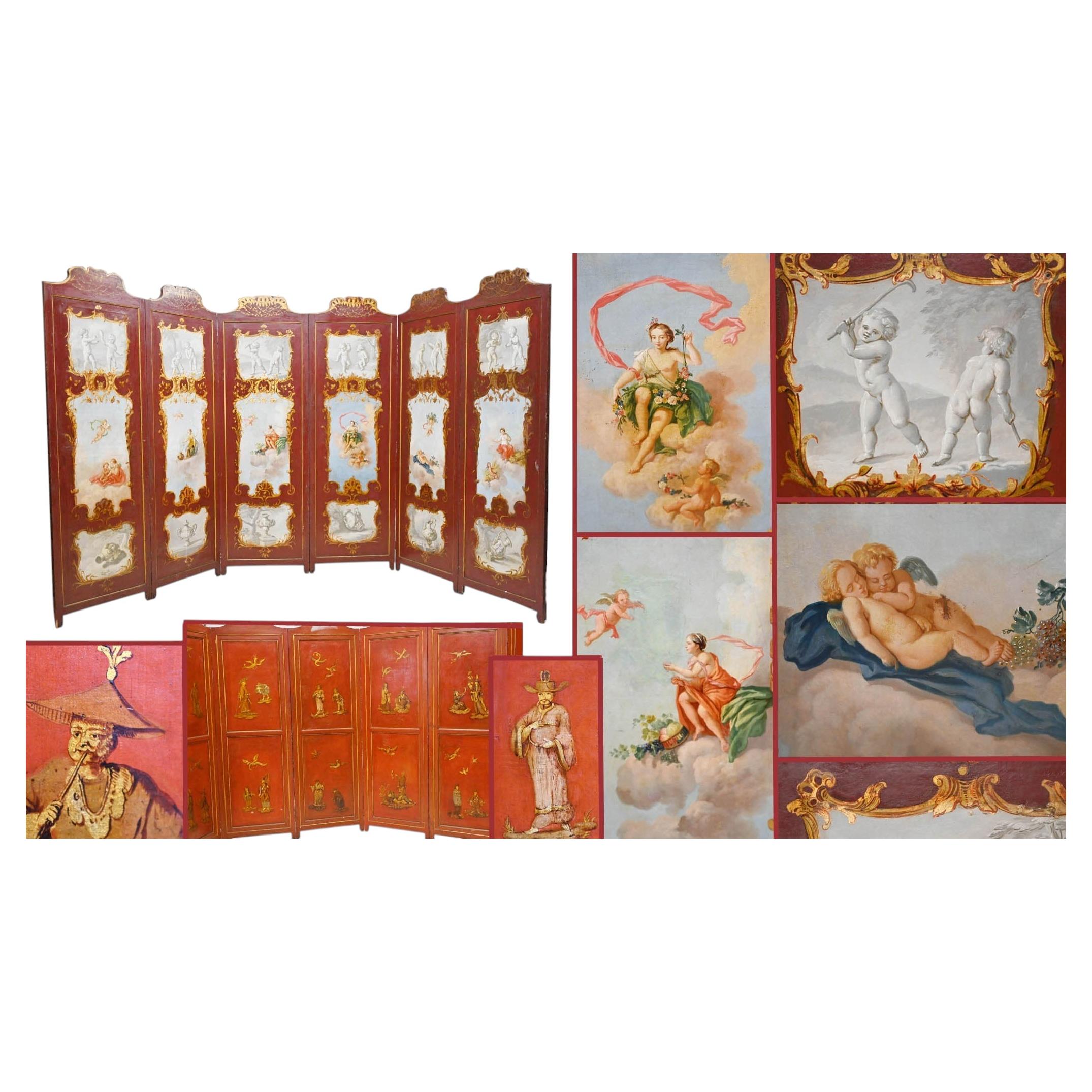 Six Panel Screen Antique Painted Room Divider Chinoiserie For Sale