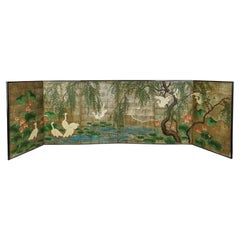 Used Six Panel Signed Robert Crowder Gold Landscape Screen